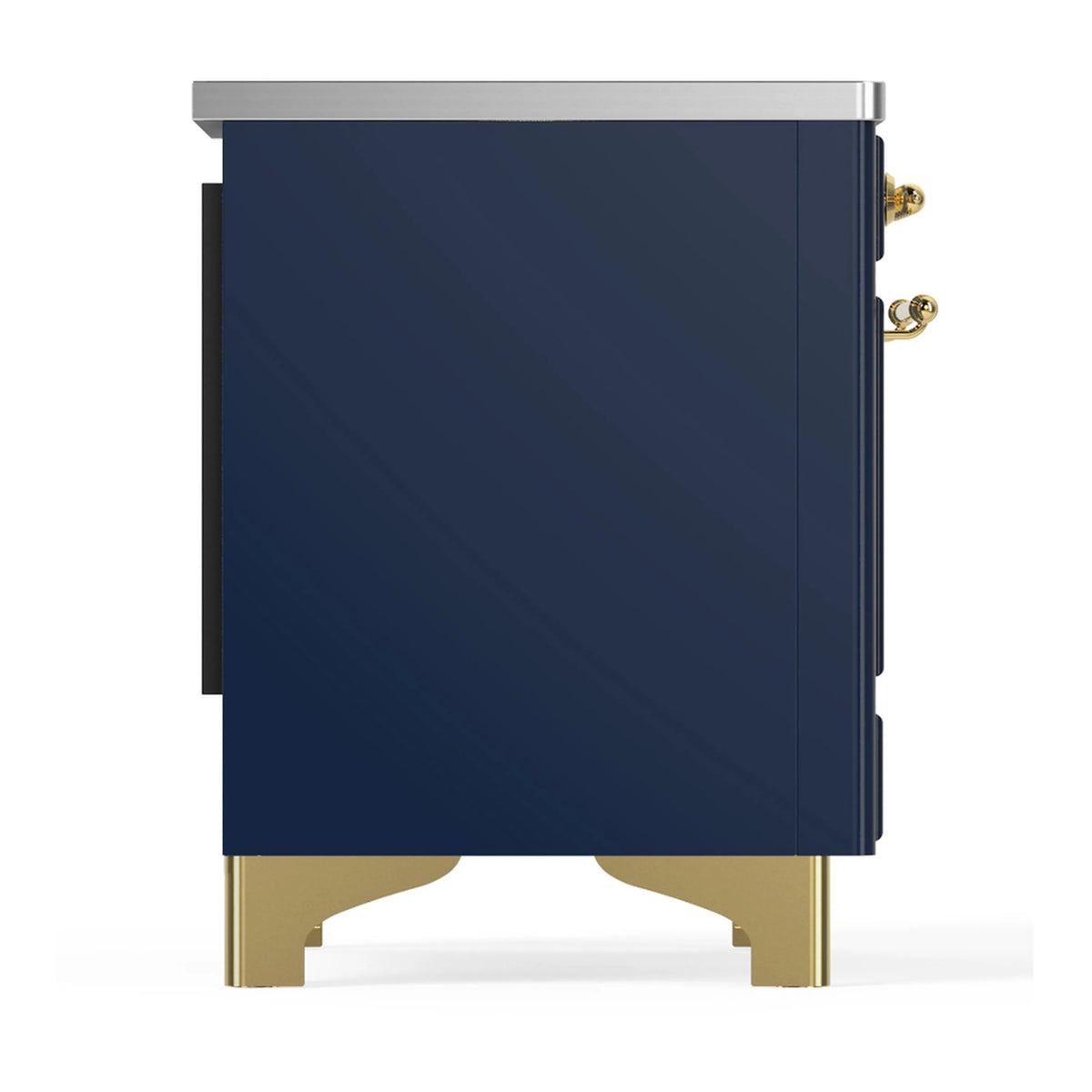 Midnight blue side panel of an induction range with brass footed base and stainless top