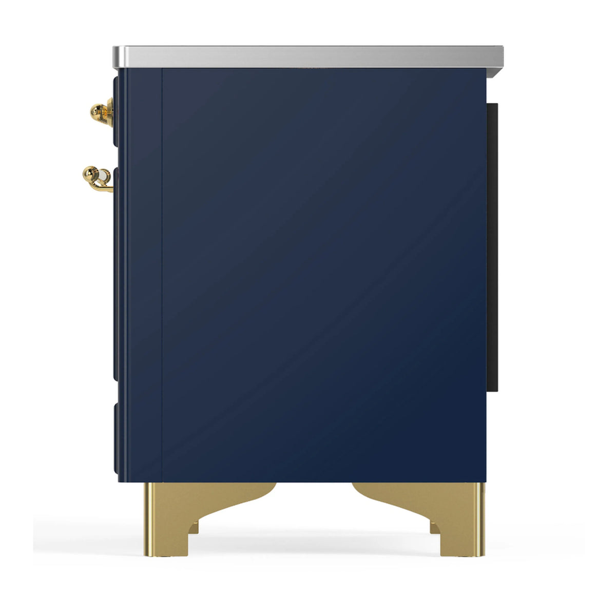 Midnight blue side view of an induction range with brass hinges and stainless top edge