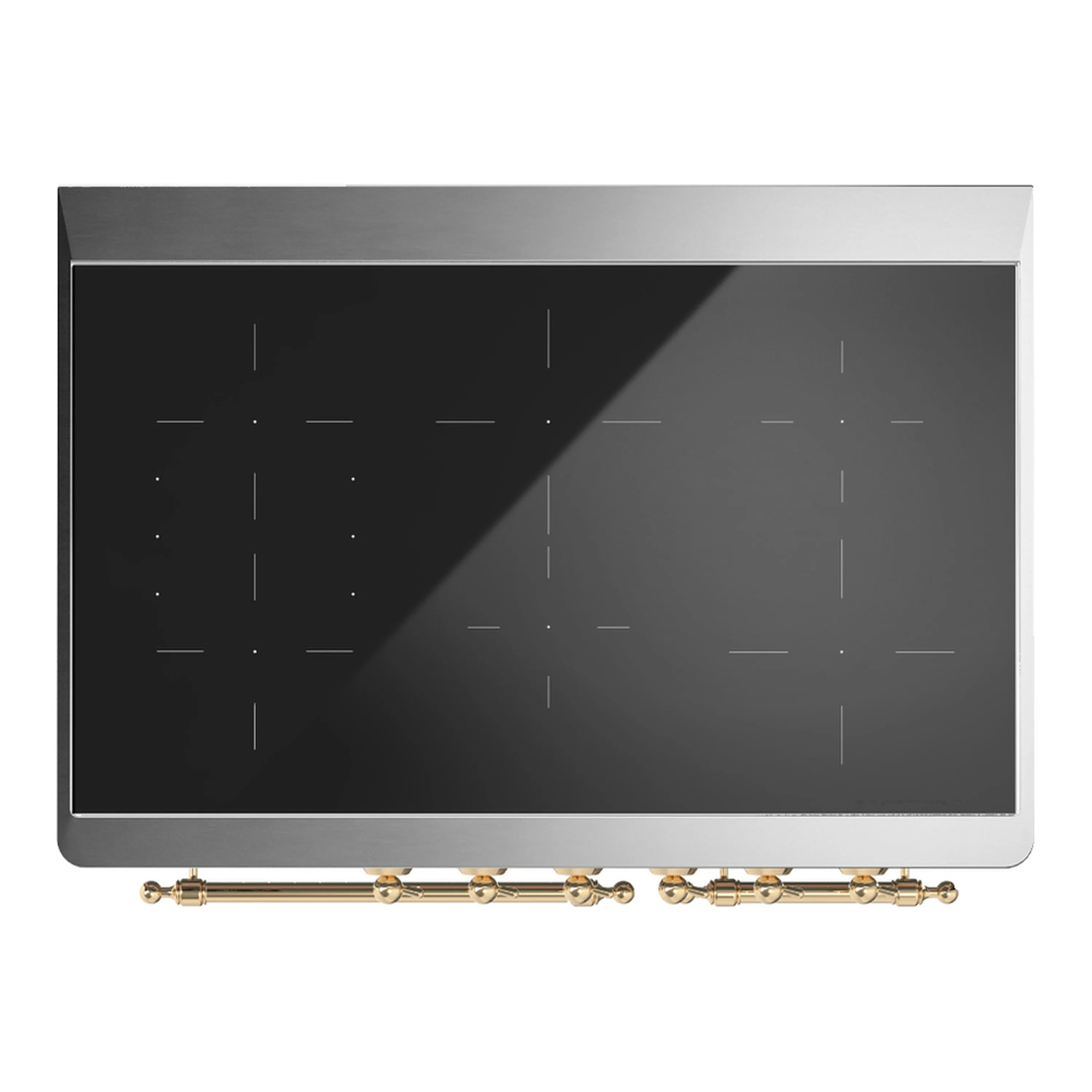 Stainless cooktop surface with minimal markings on a midnight blue induction range