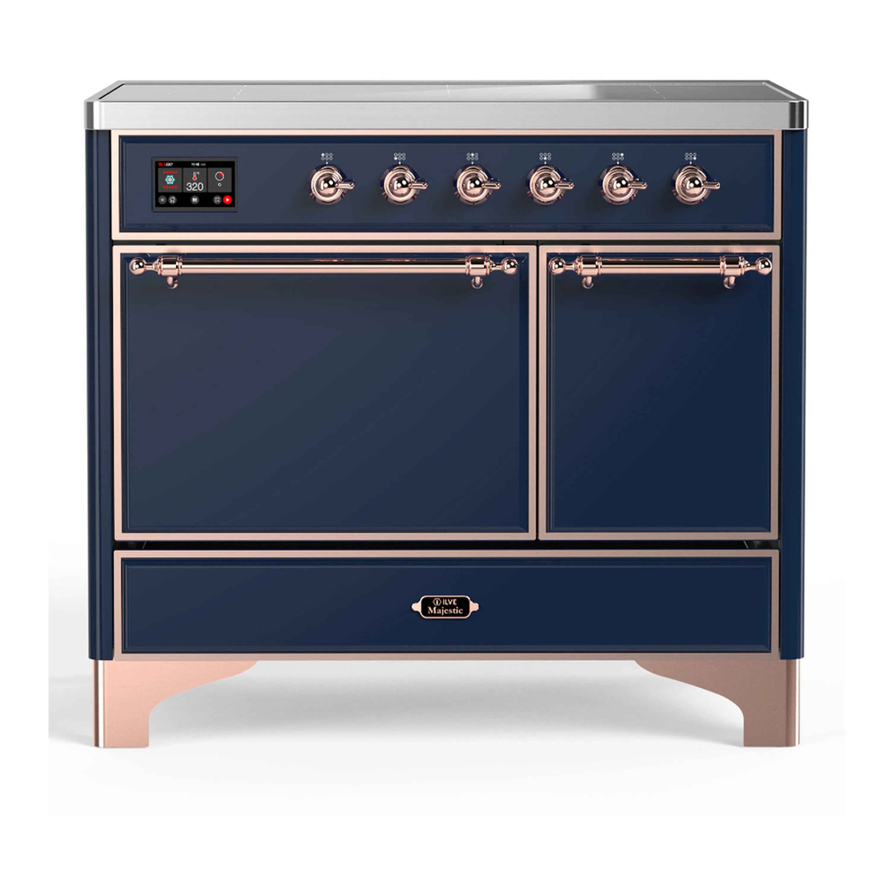 Dark blue induction range with copper-trim control knobs and two oven doors