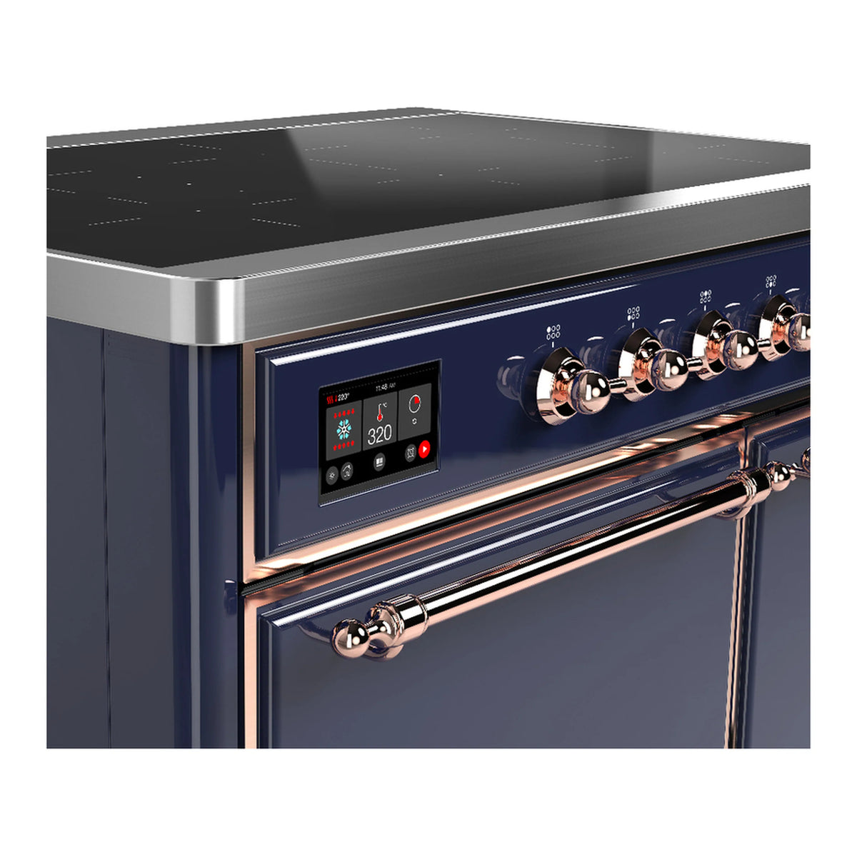 Dark blue induction range control panel with digital display, copper knobs, and oven handle