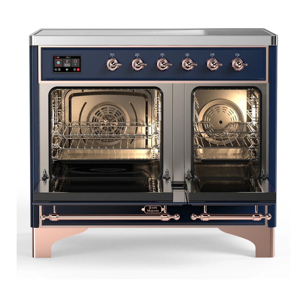 Dark blue induction range with both oven doors open, showing oven racks and fan