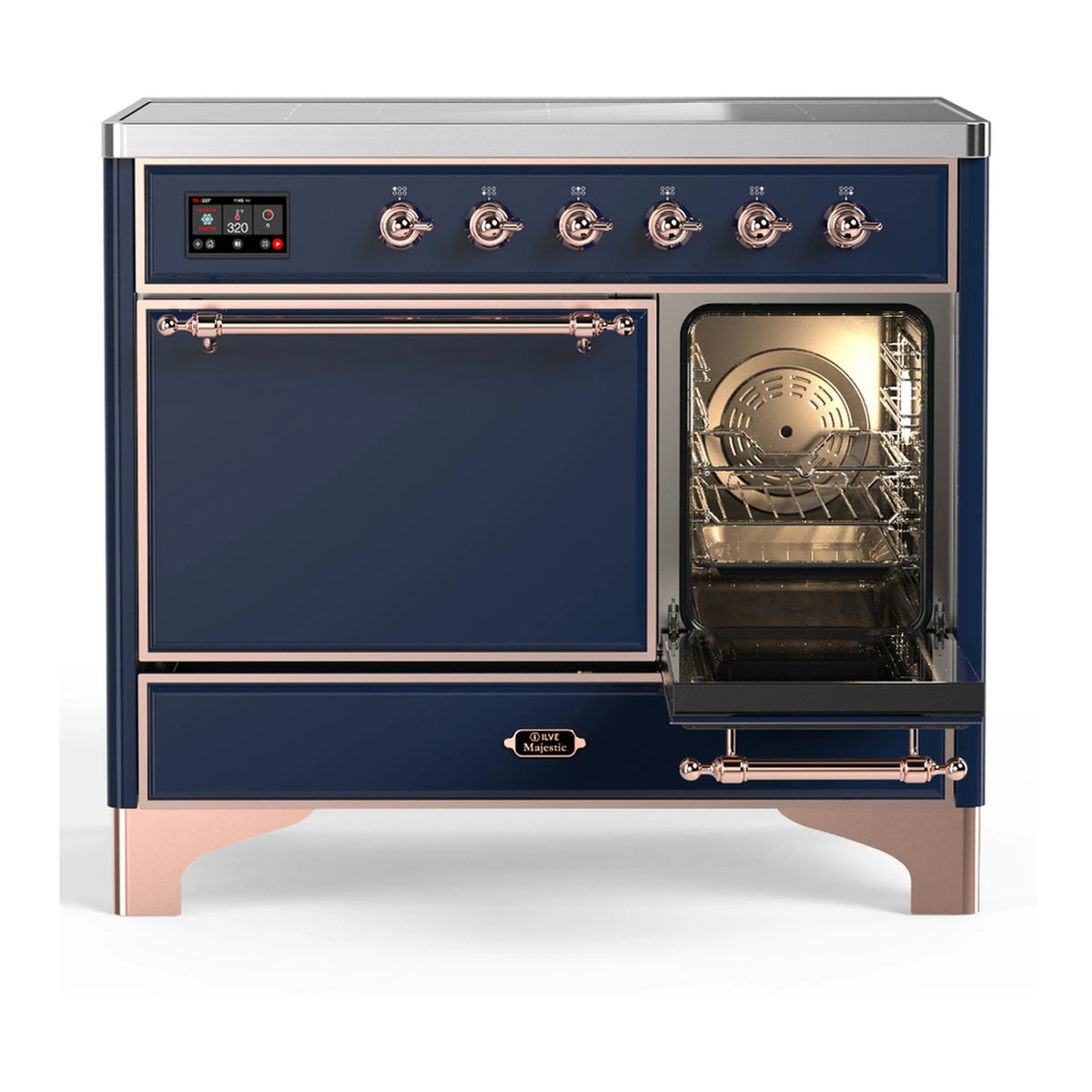 Dark blue induction range with right oven door open, showing interior fan and racks