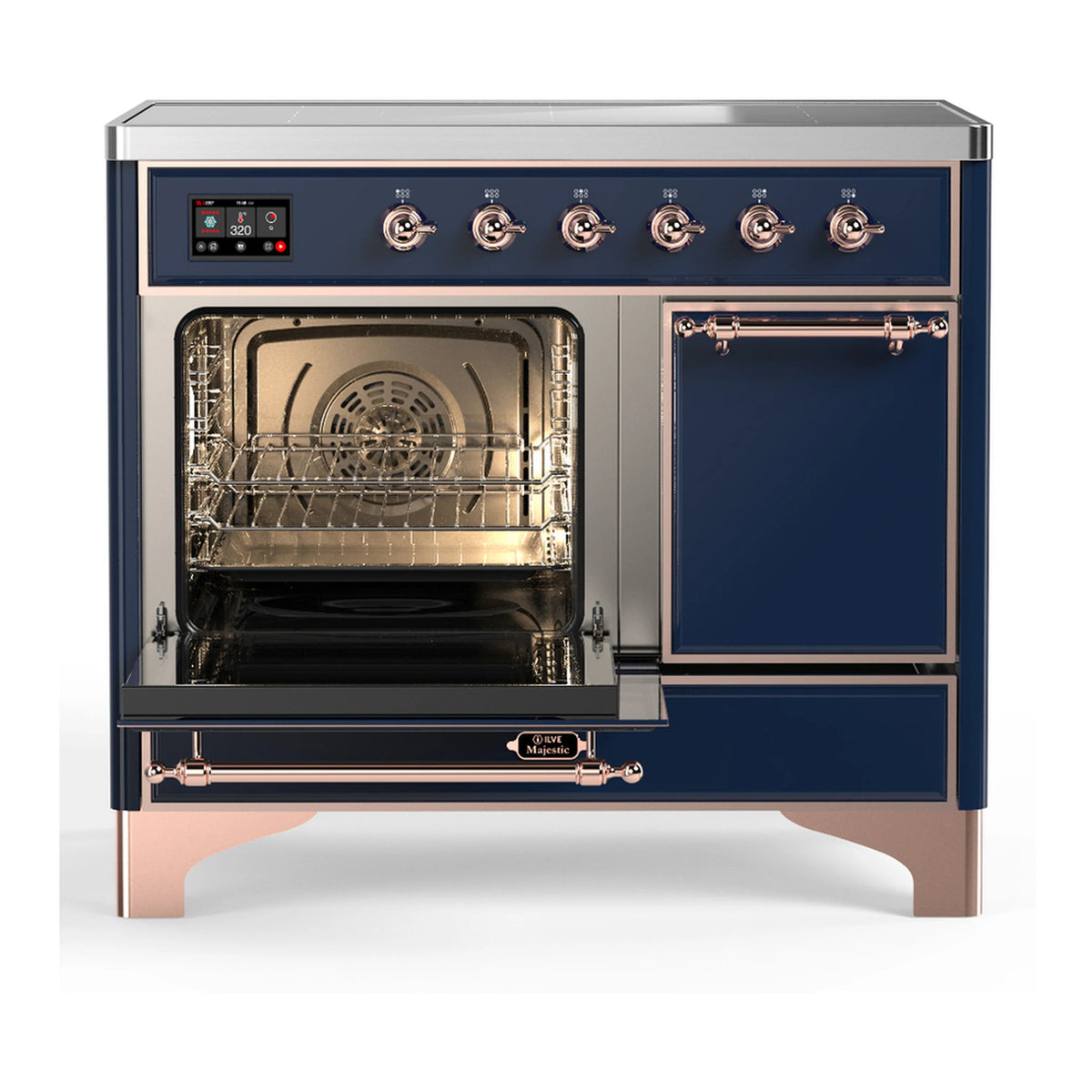 Dark blue induction range with left oven open and right door closed, fan and racks visible