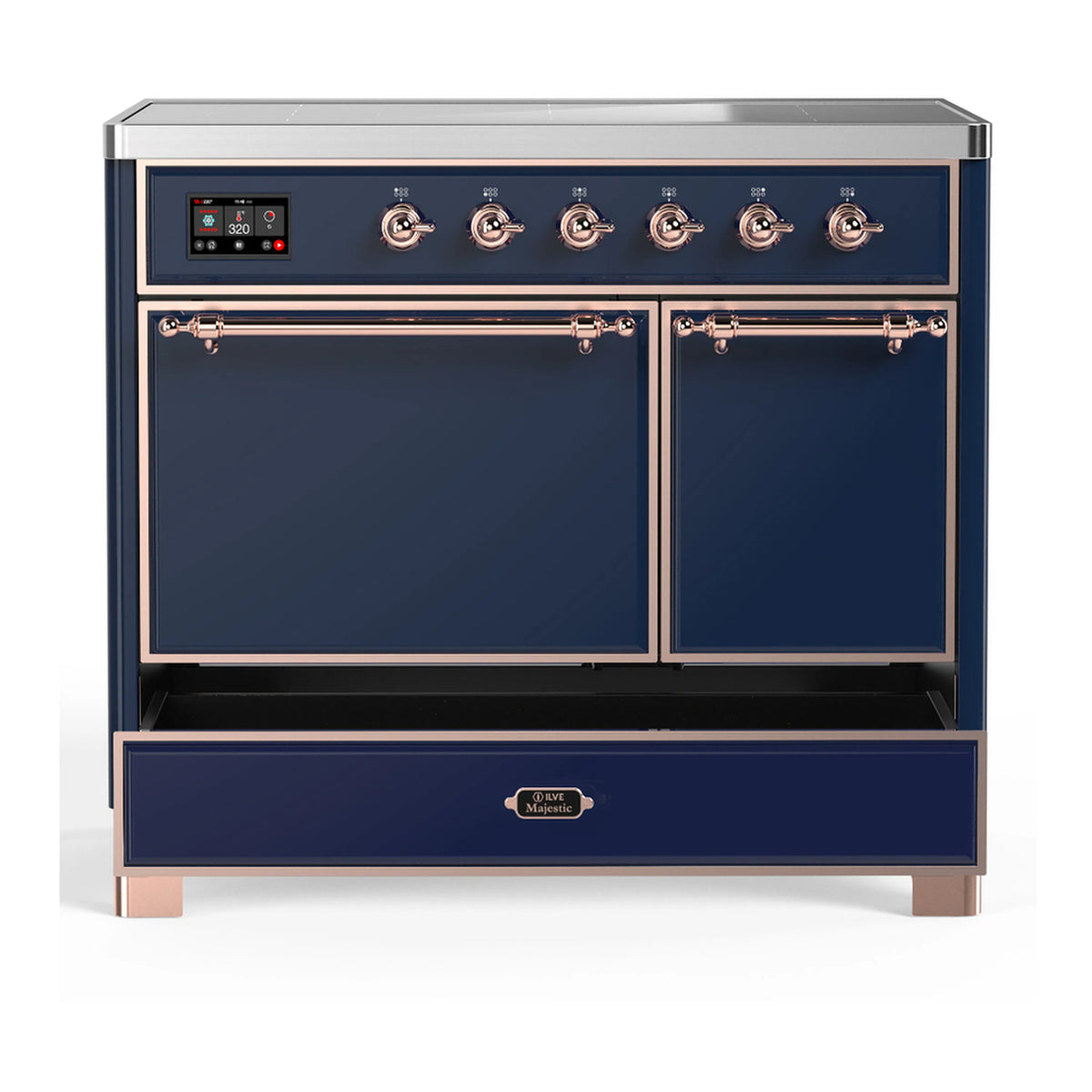 Dark blue induction range front with two doors and lower warming drawer