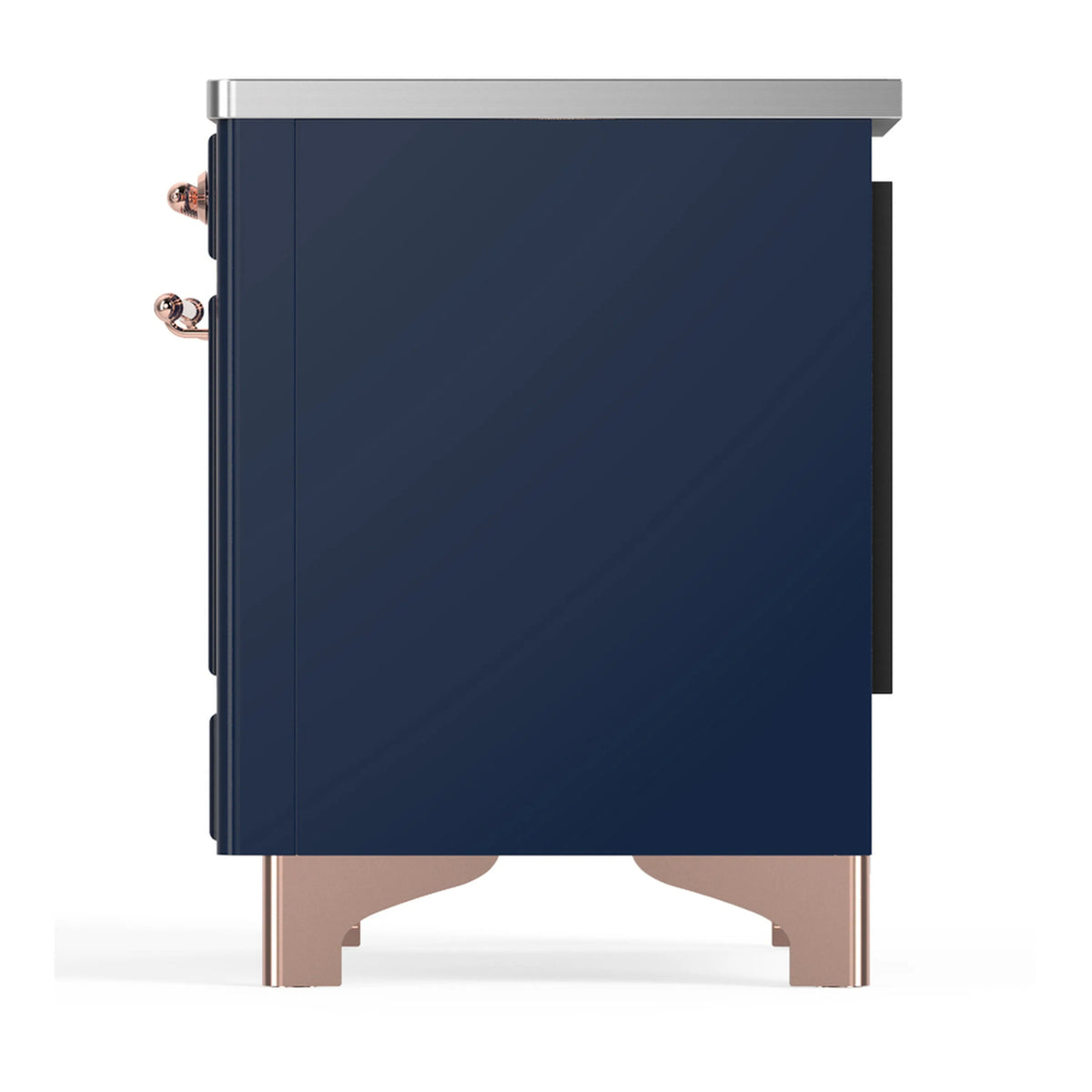 Dark blue oven side panel with copper-trim side handles and stainless top