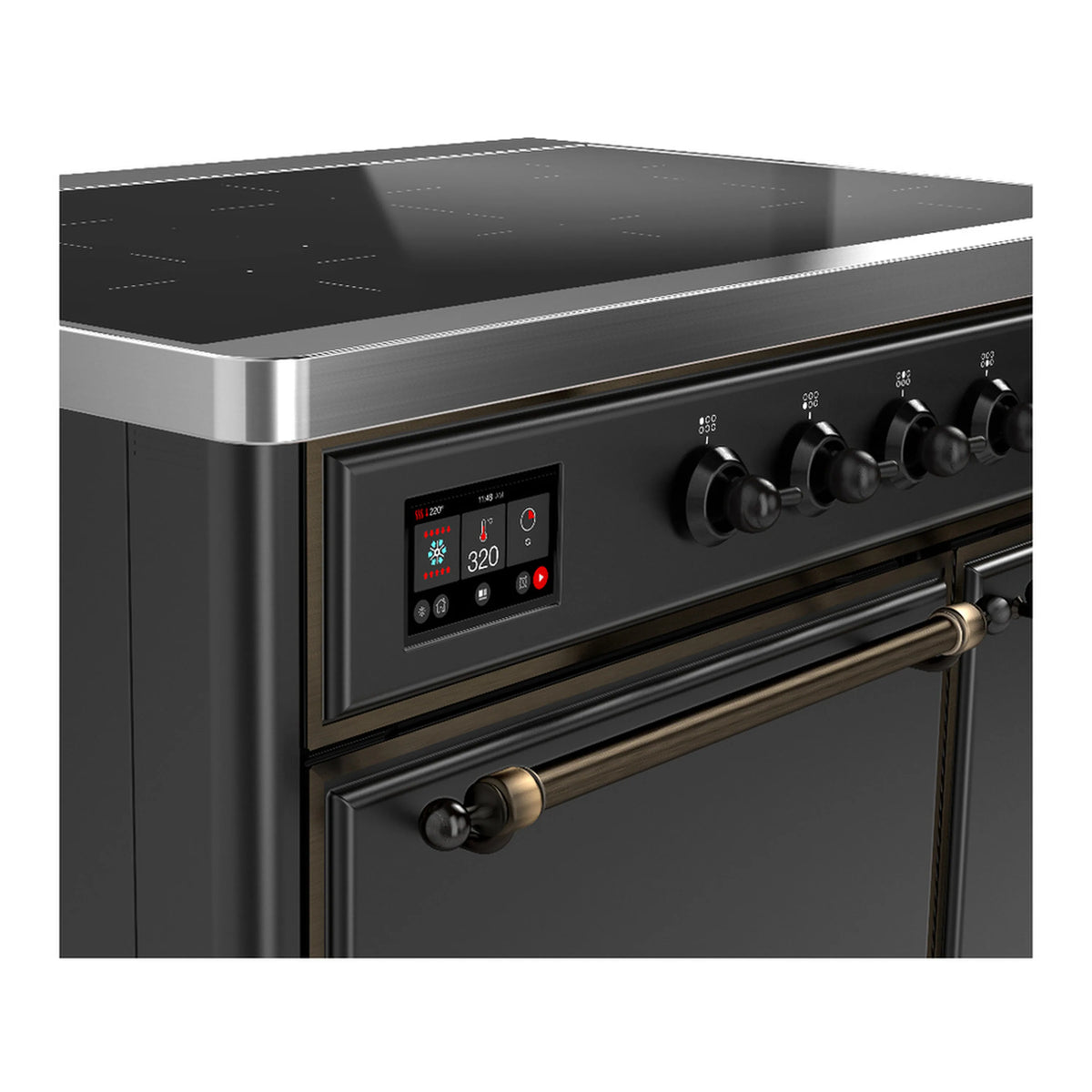 Induction range control panel with digital display and brass-style burner knobs.