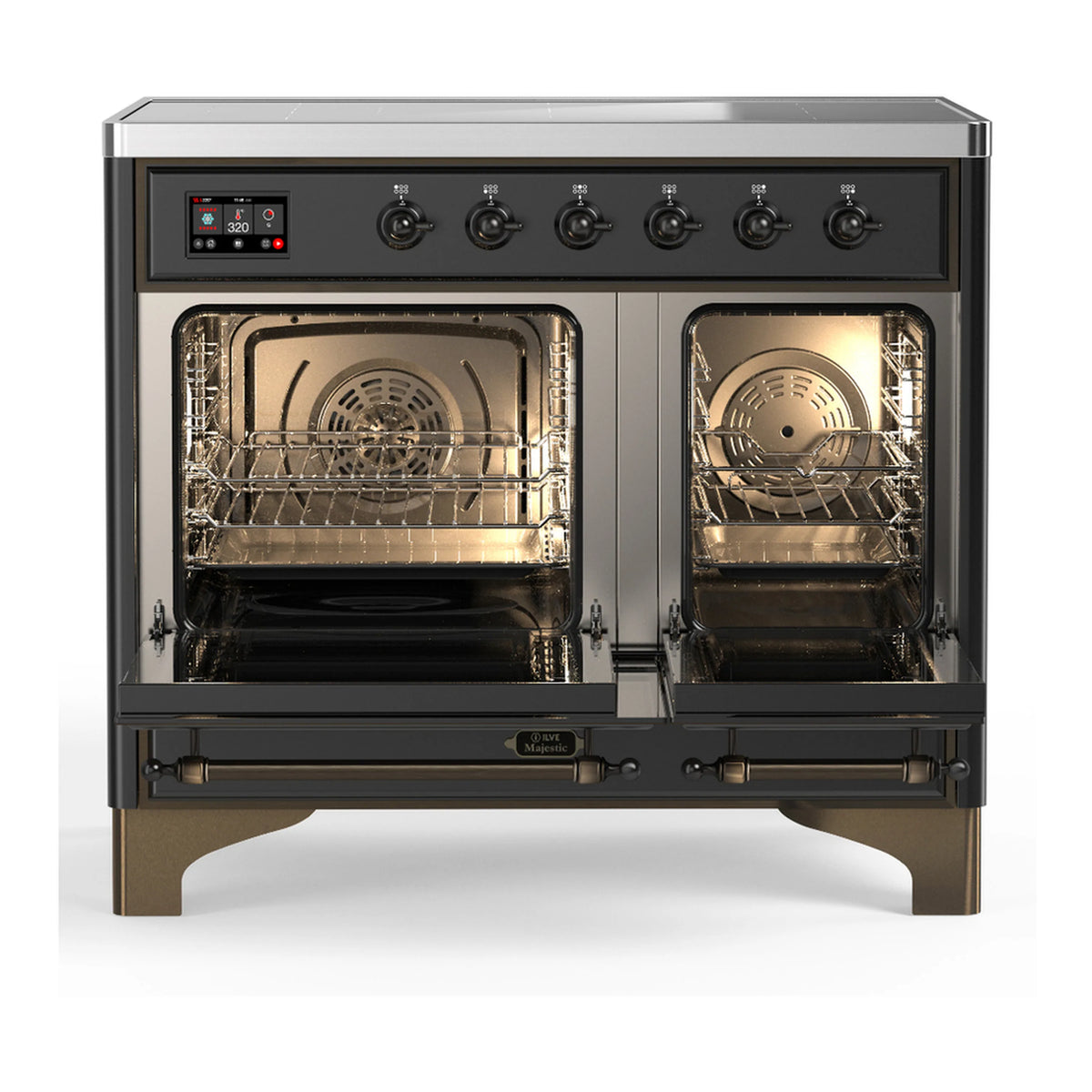 Induction range with oven doors open, showing racks and illuminated interior.
