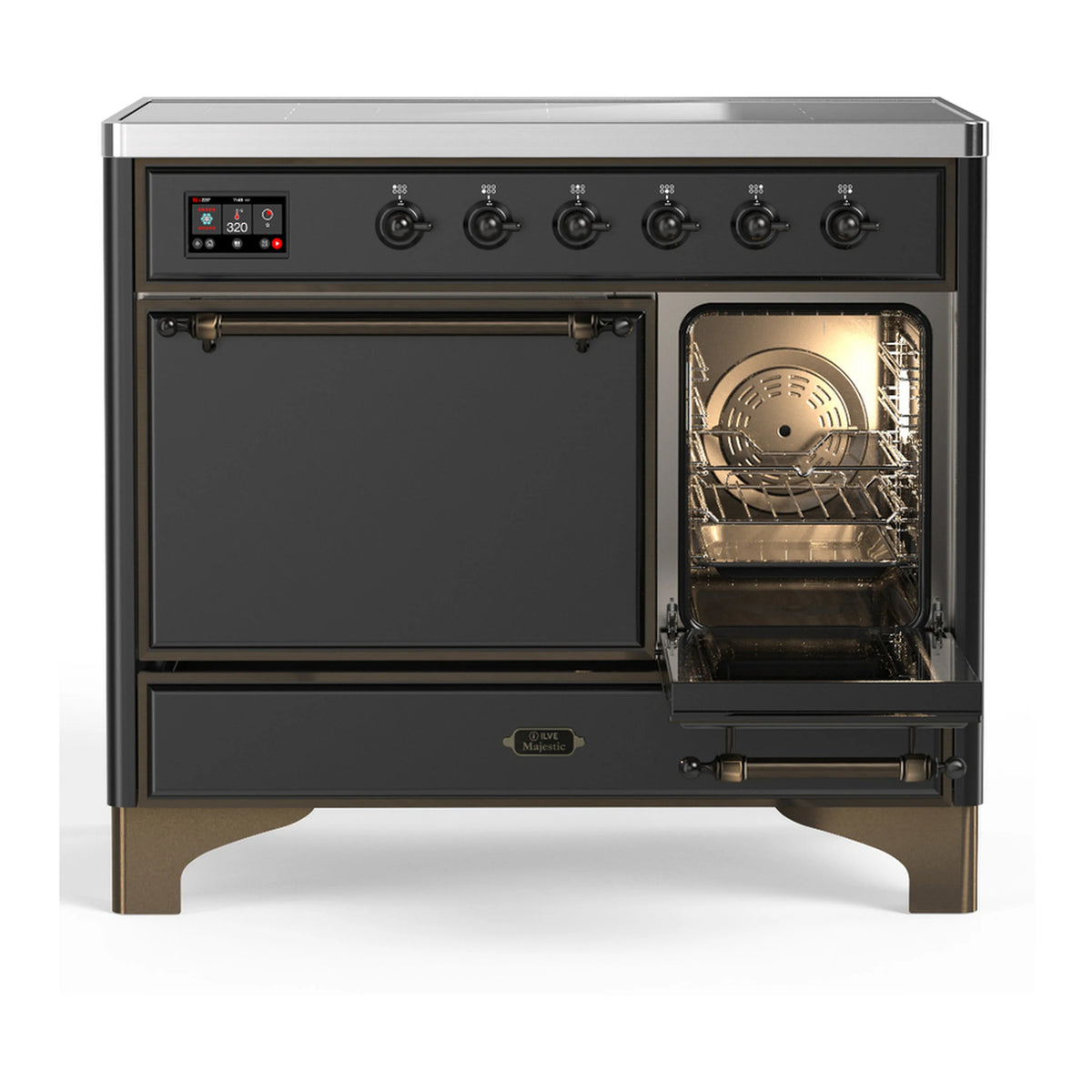 Induction range with right oven door open, showing lit oven interior and racks.