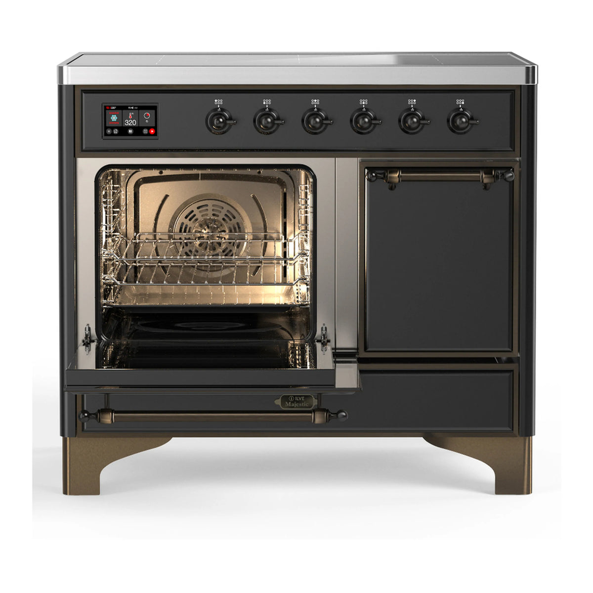 Induction range with left oven door open, showing illuminated interior and wire racks.