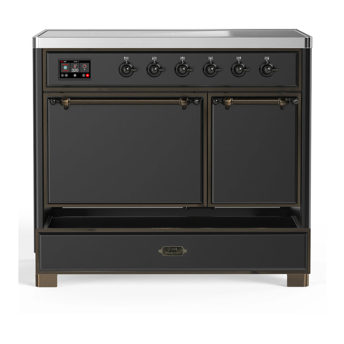Matte graphite induction range with closed oven doors and a front storage drawer.