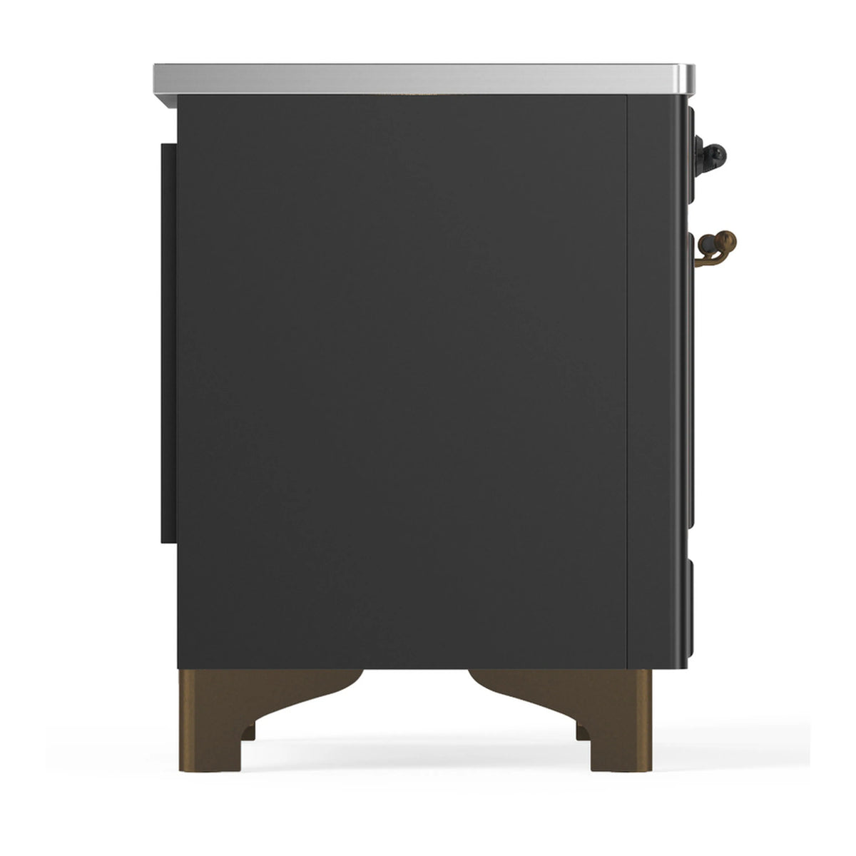 Matte graphite induction range side panel with trim edges and hardware accents.