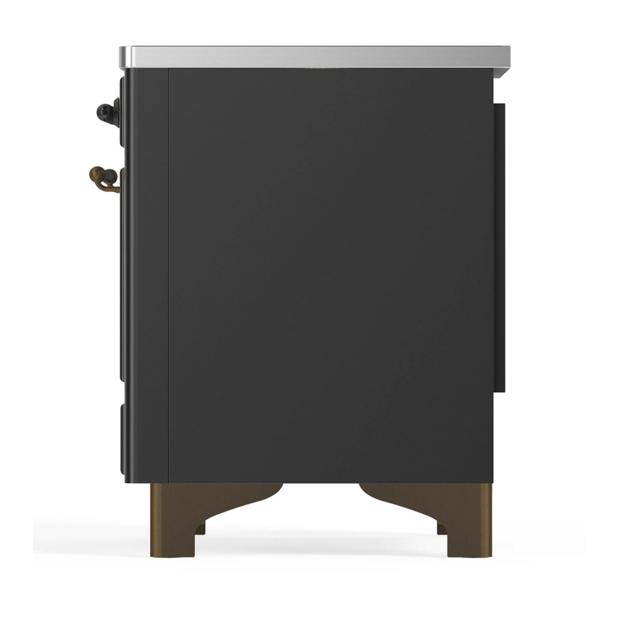 Matte graphite induction range other side panel with protruding handle hardware.