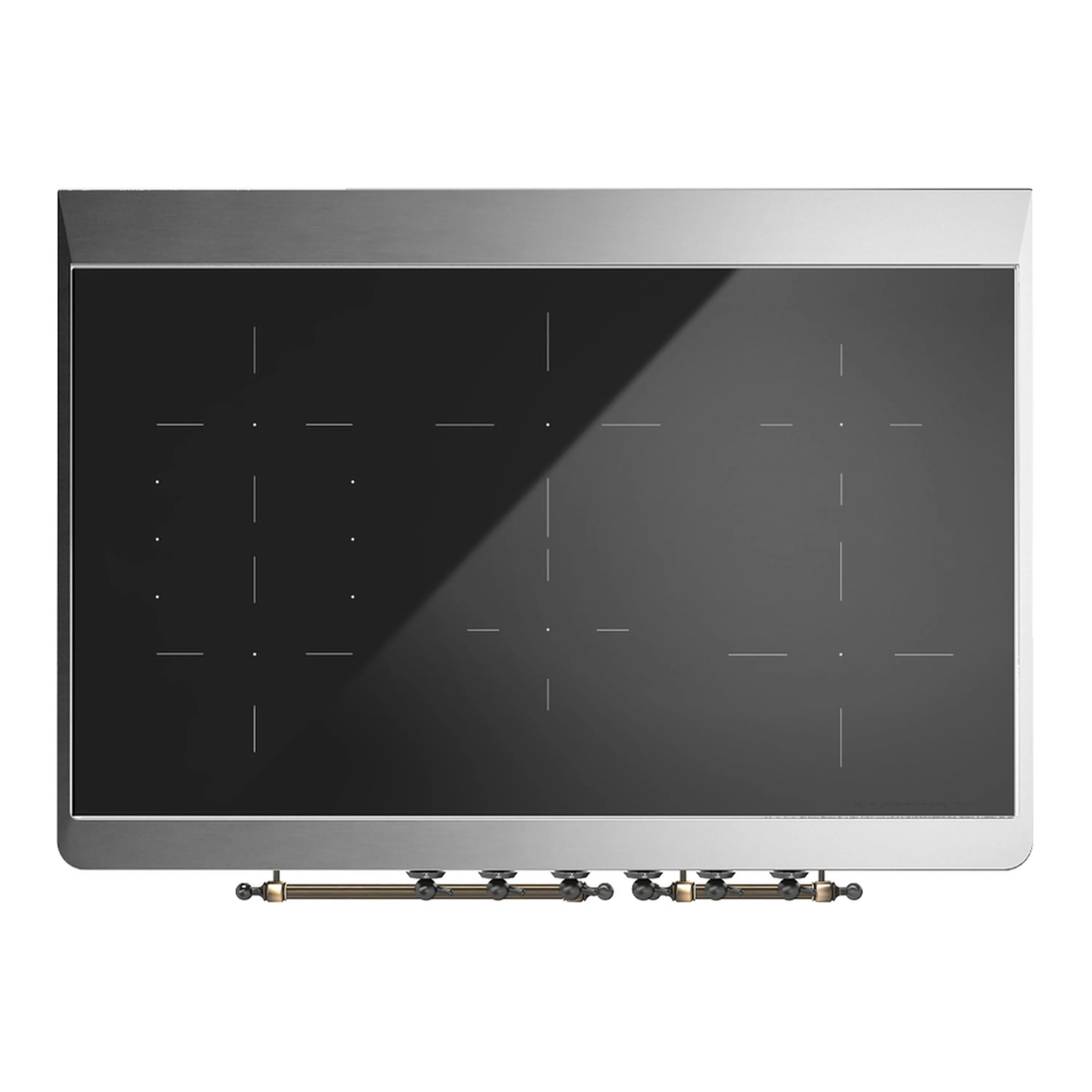 Induction range cooktop with black glass surface and burner controls at the front.