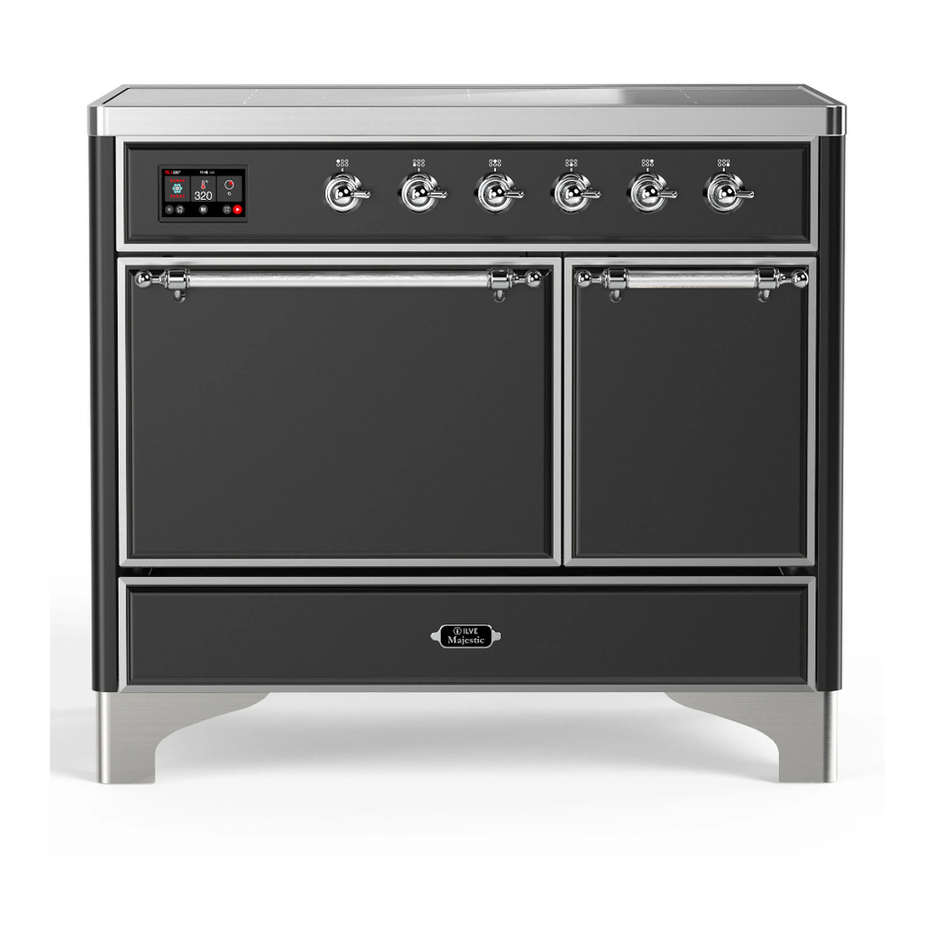 Matte graphite induction range with 6 knobs and double oven doors, chrome trim