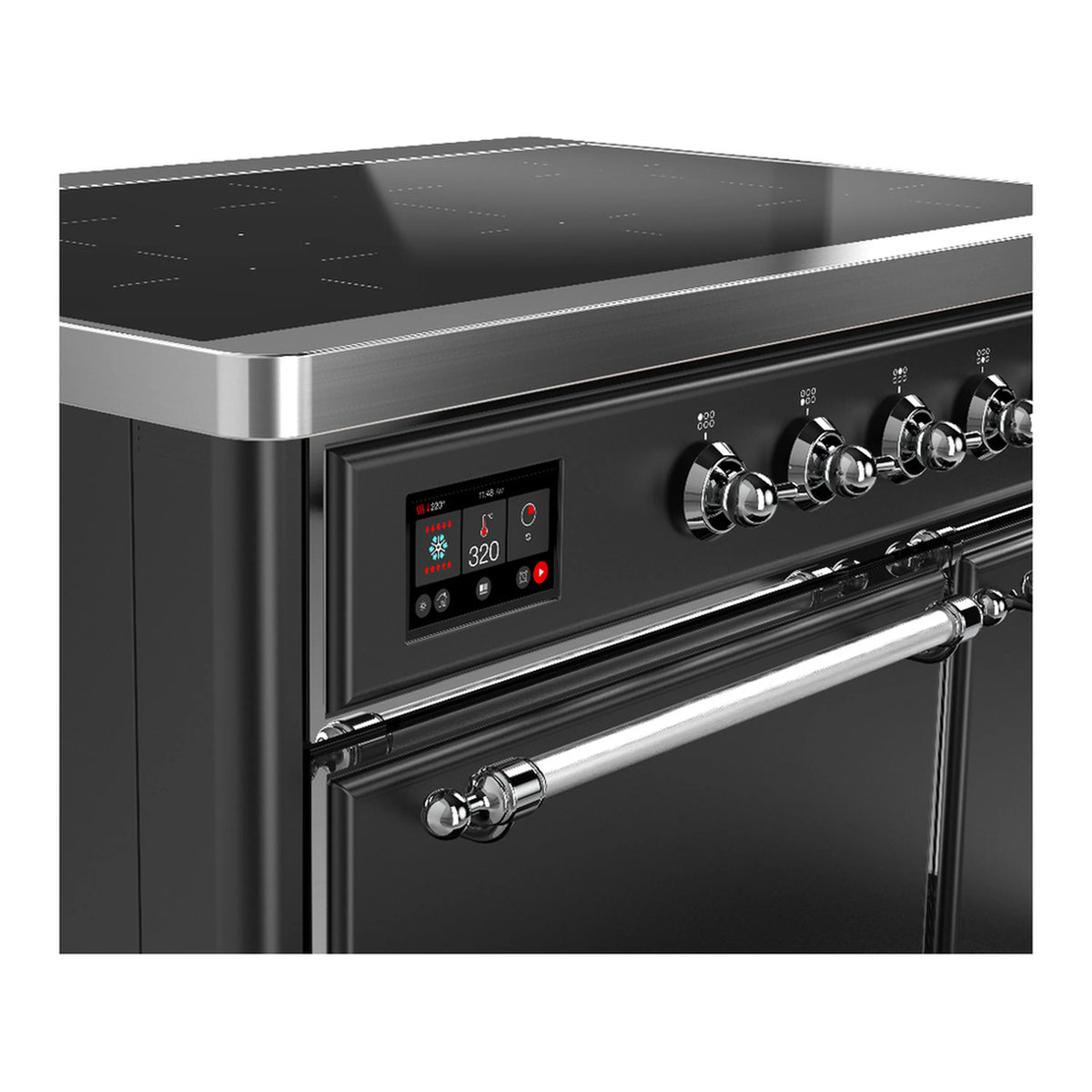 Matte graphite oven control panel with digital display and chrome control knobs