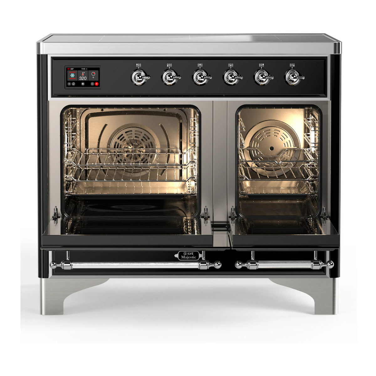 Matte graphite induction range with open oven showing racks, chrome interior trim