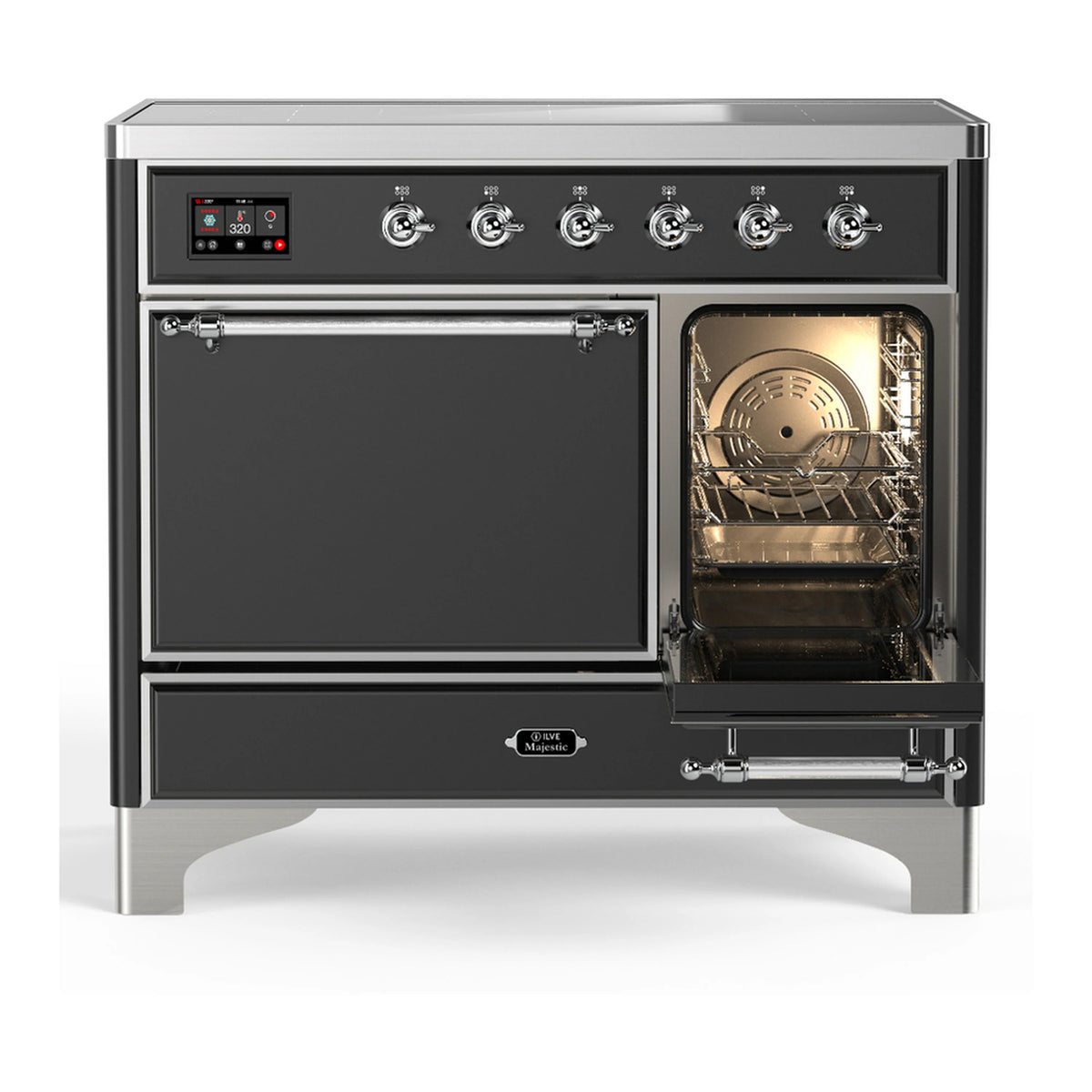 Matte graphite induction range with oven door open and interior light, chrome trim