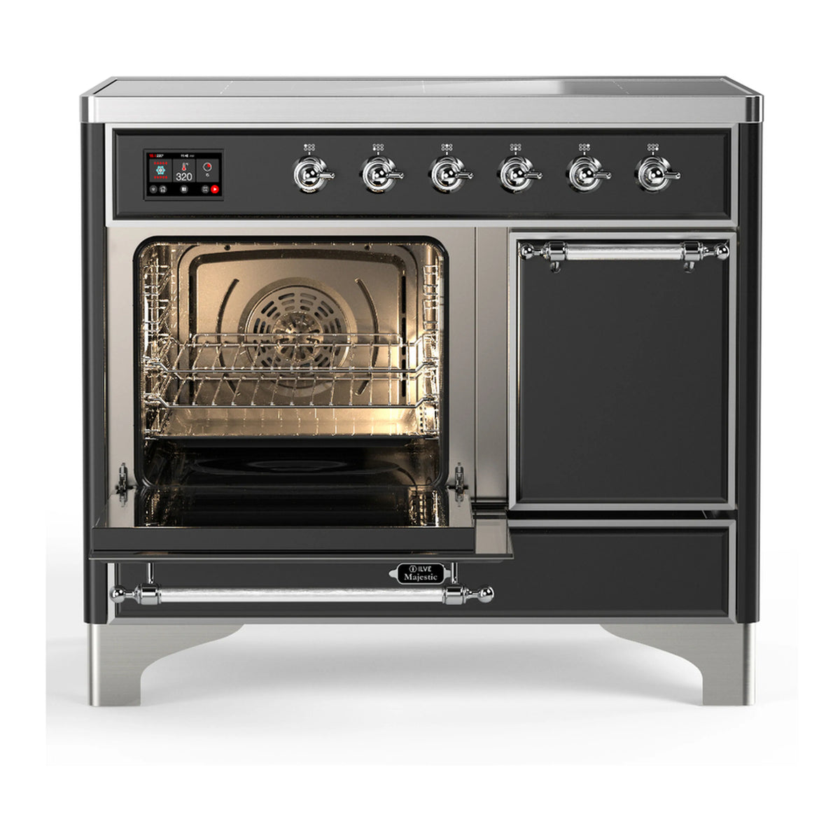 Matte graphite induction range with oven interior and racks visible, chrome trim