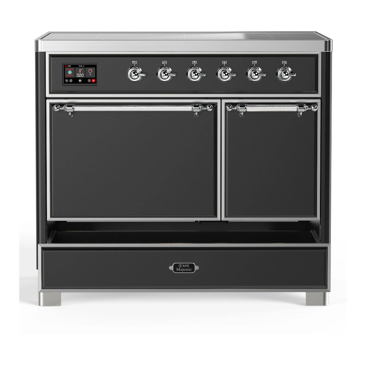 Matte graphite induction range with closed double doors and control panel, chrome trim