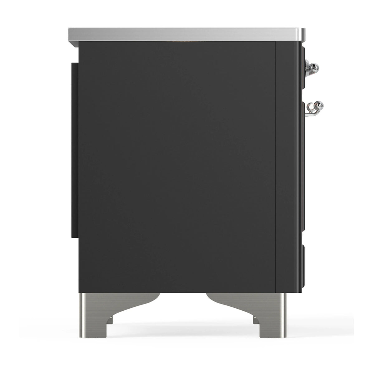 Matte graphite solid oven door side view with hinges and chrome legs