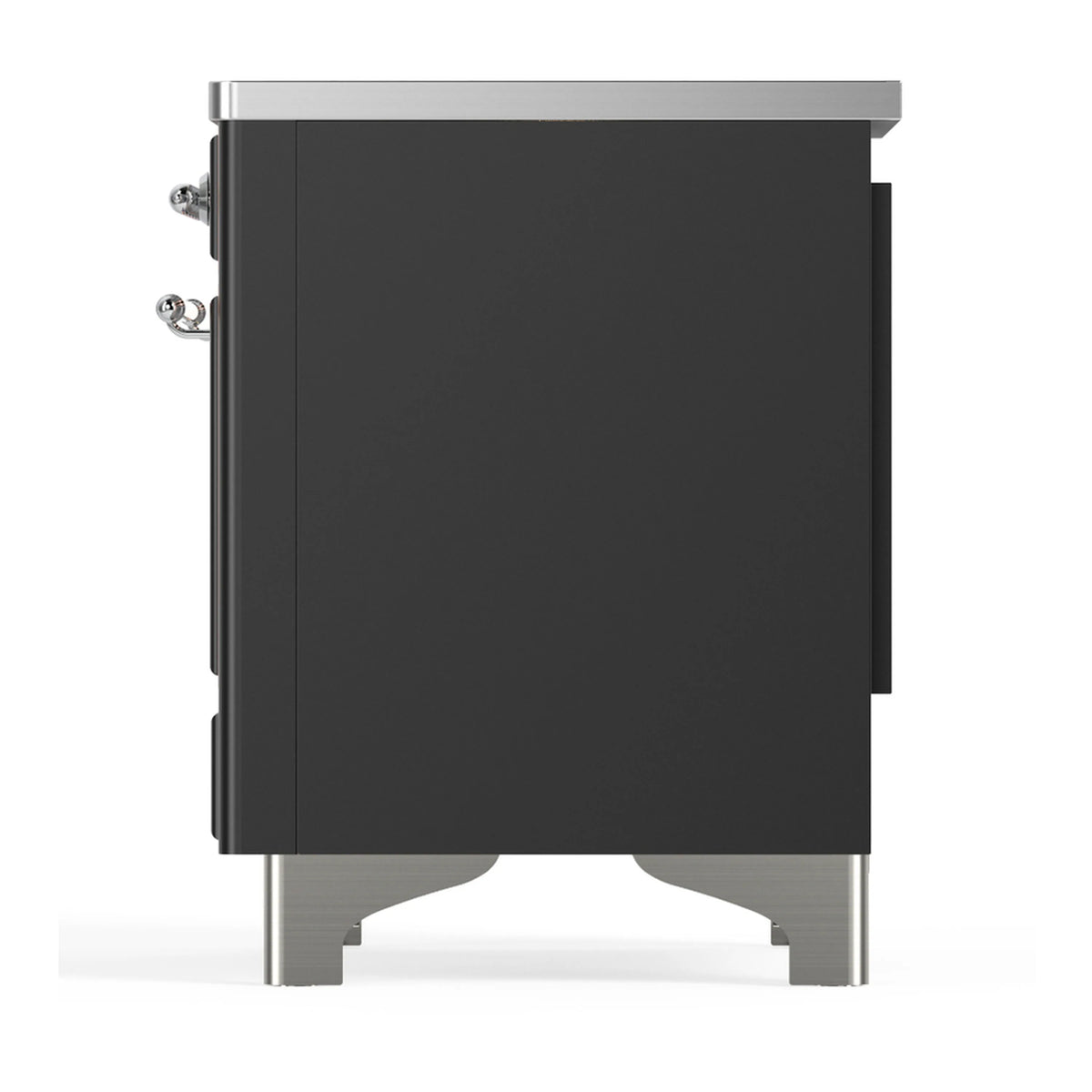 Matte graphite solid oven door rear side view with hinges and chrome legs