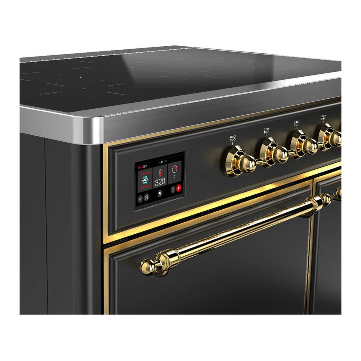 Matte graphite range control panel with red display and brass rotary knobs
