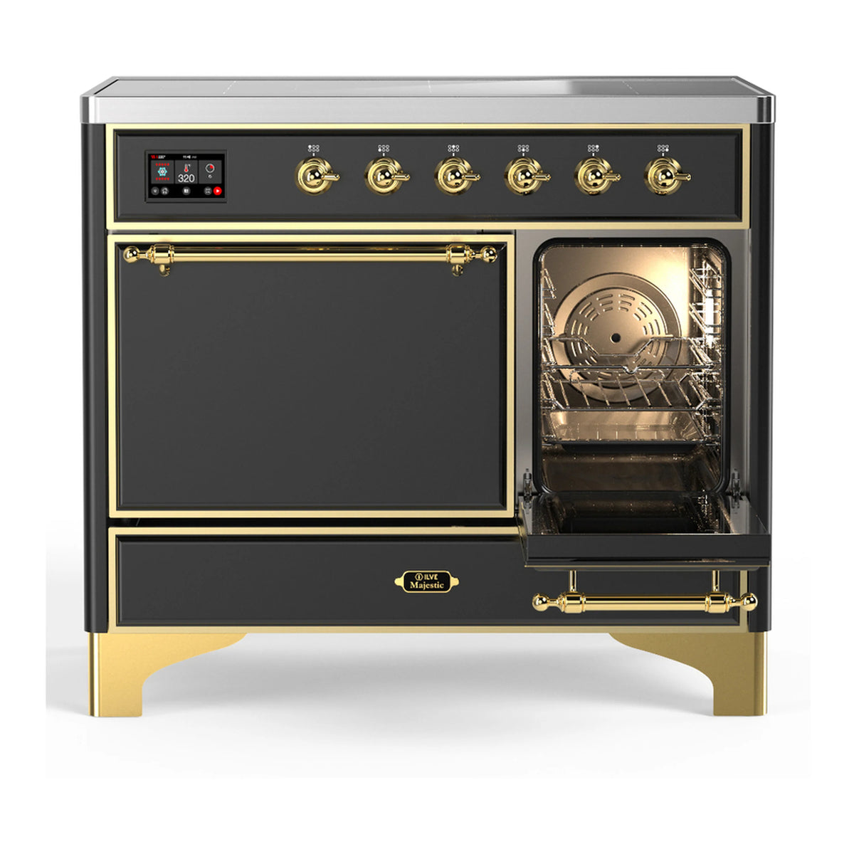 Induction range with right oven door open, showing fan and wire racks