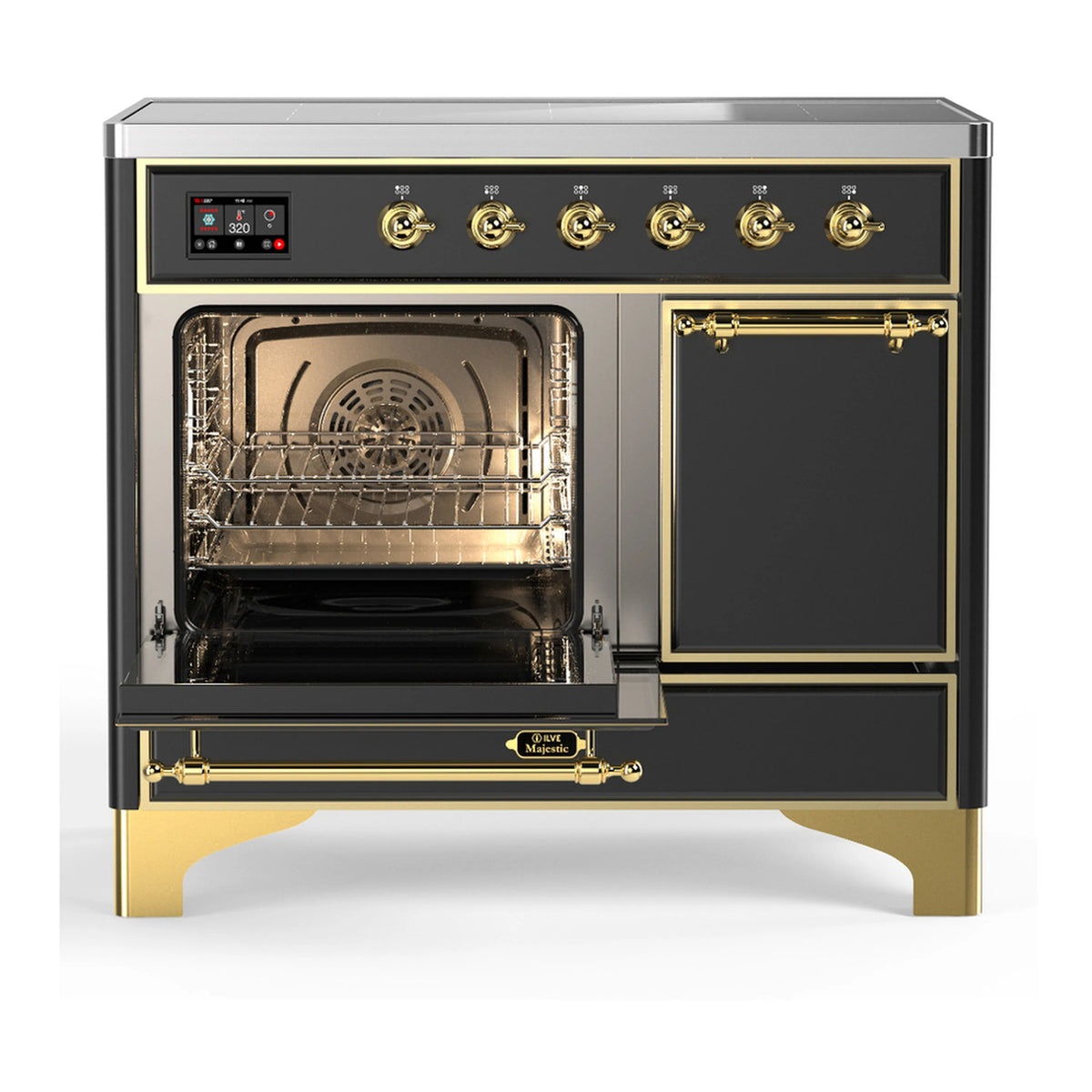Induction range with open oven interior, wire racks and fan visible, brass trim