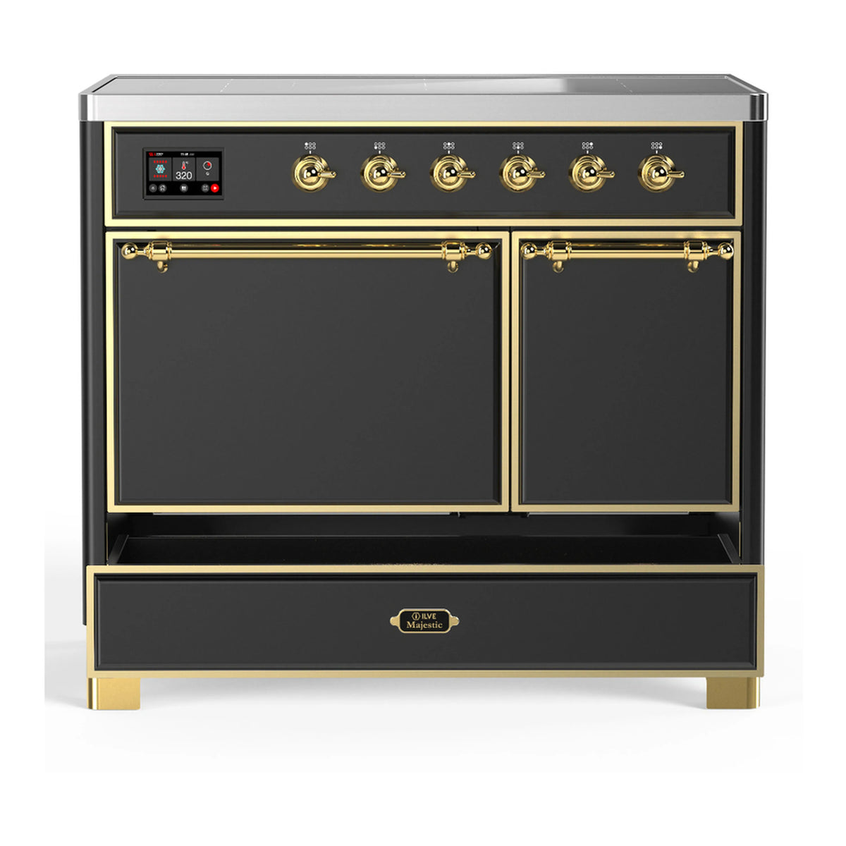 Matte graphite induction range with two closed oven doors and brass-trim control section