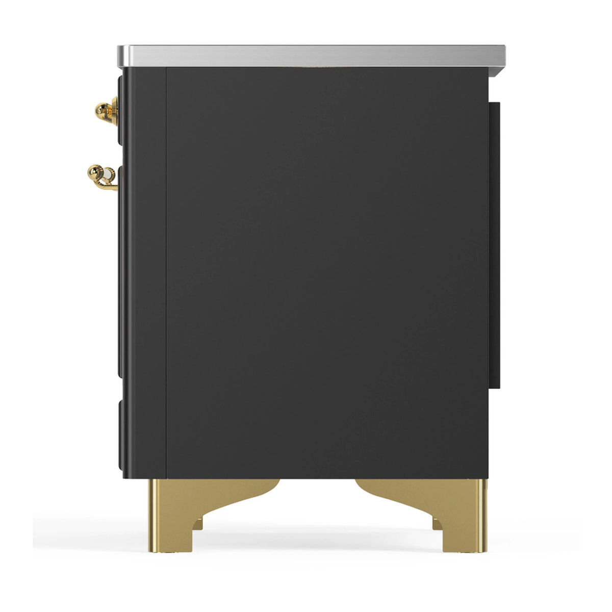 Matte graphite range side panel with brass fittings and gold base legs