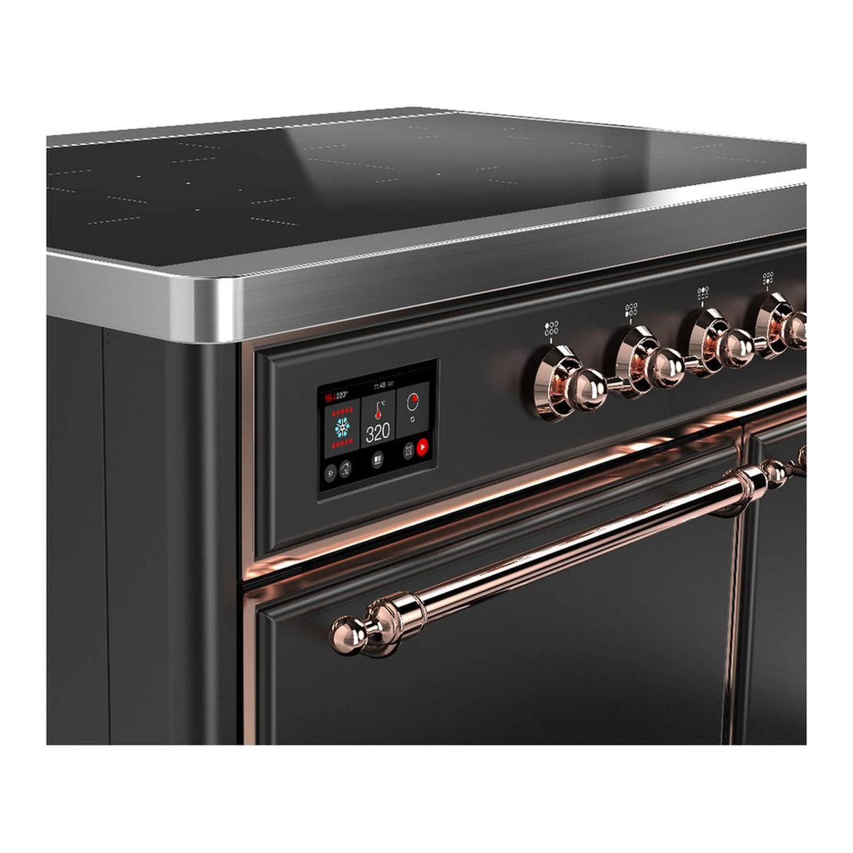 Induction range control panel with digital display and copper-trimmed knob controls