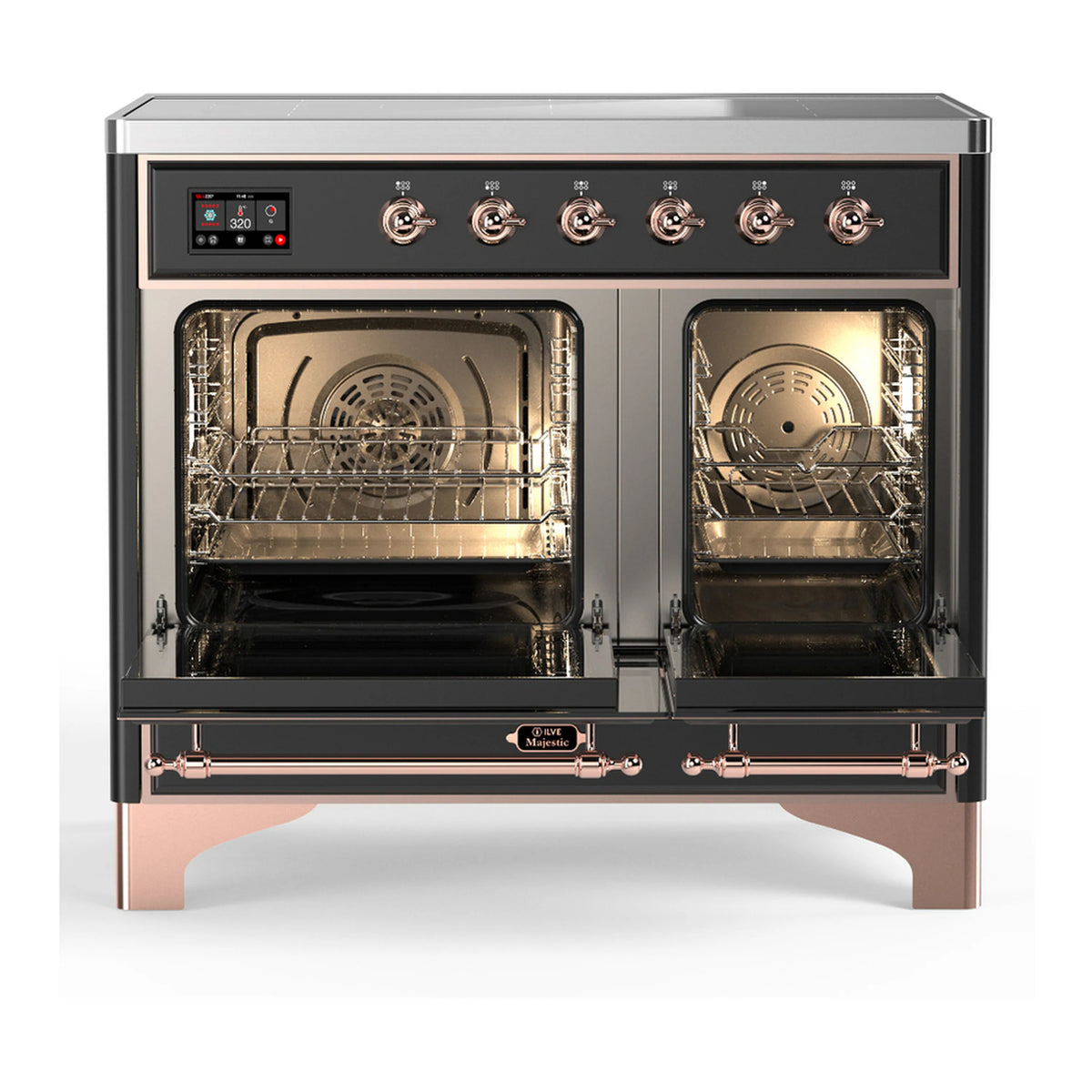Induction range oven interior with racks, lit cavity, and open copper-trimmed door