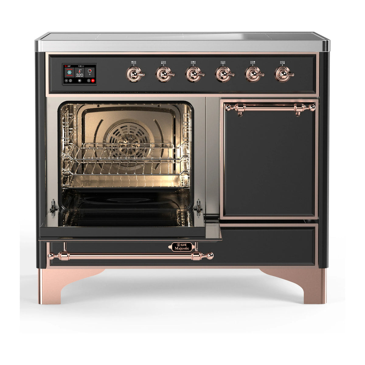 Induction range with open oven door and closed second door, matte graphite with copper trim