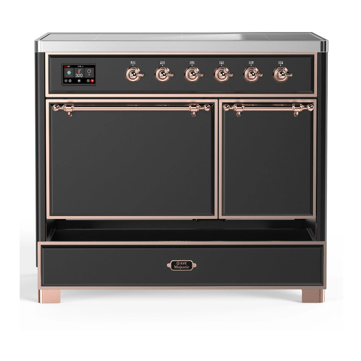 Induction range front with two closed oven doors and top cook controls, copper-trimmed matte graphite