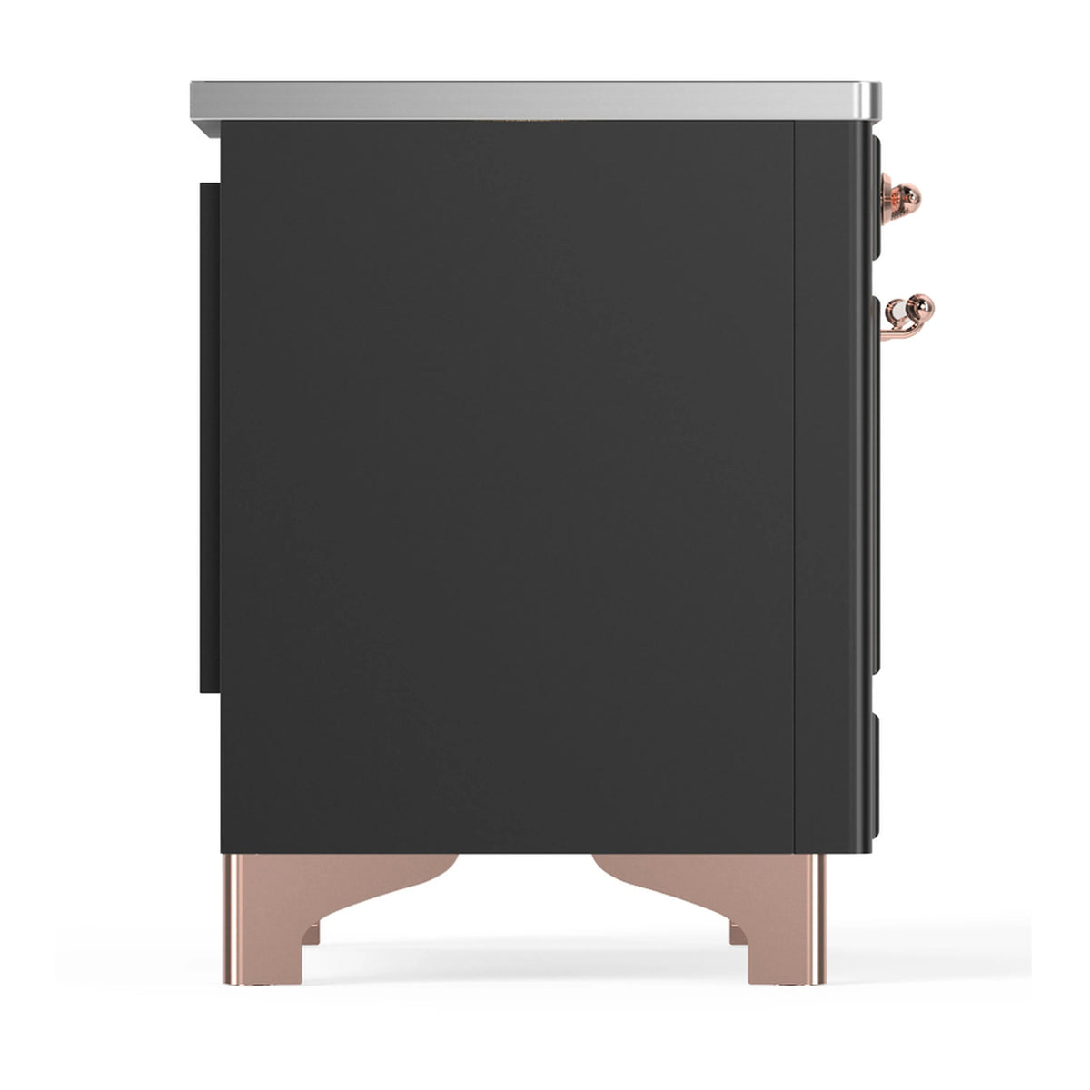 Matte graphite induction range side view with copper handle accents and control knobs