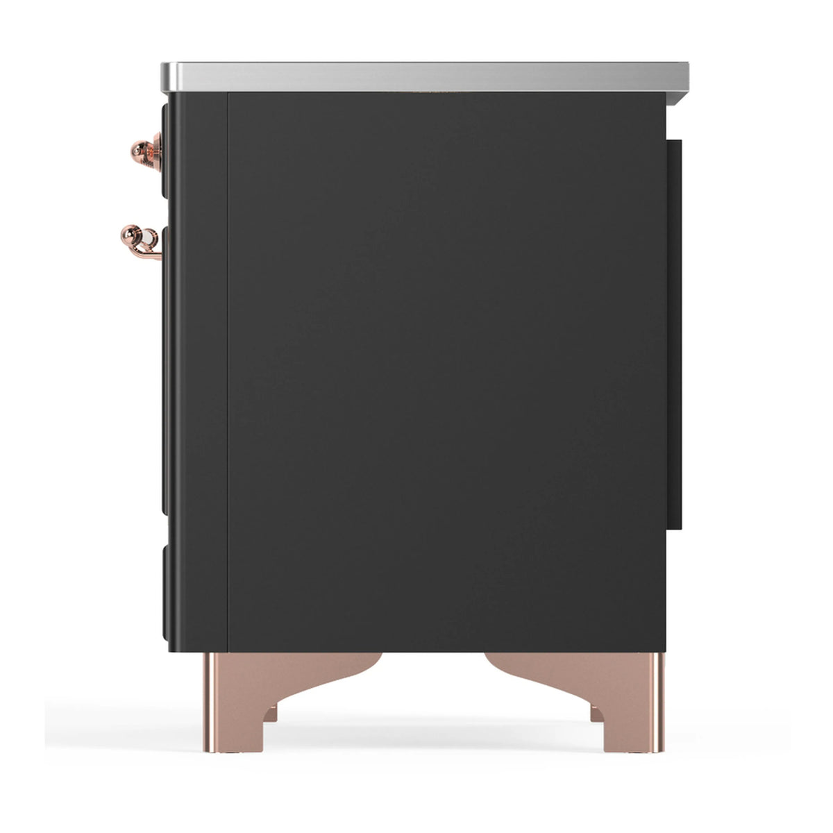 Matte graphite induction range side panel with copper-trimmed corner details