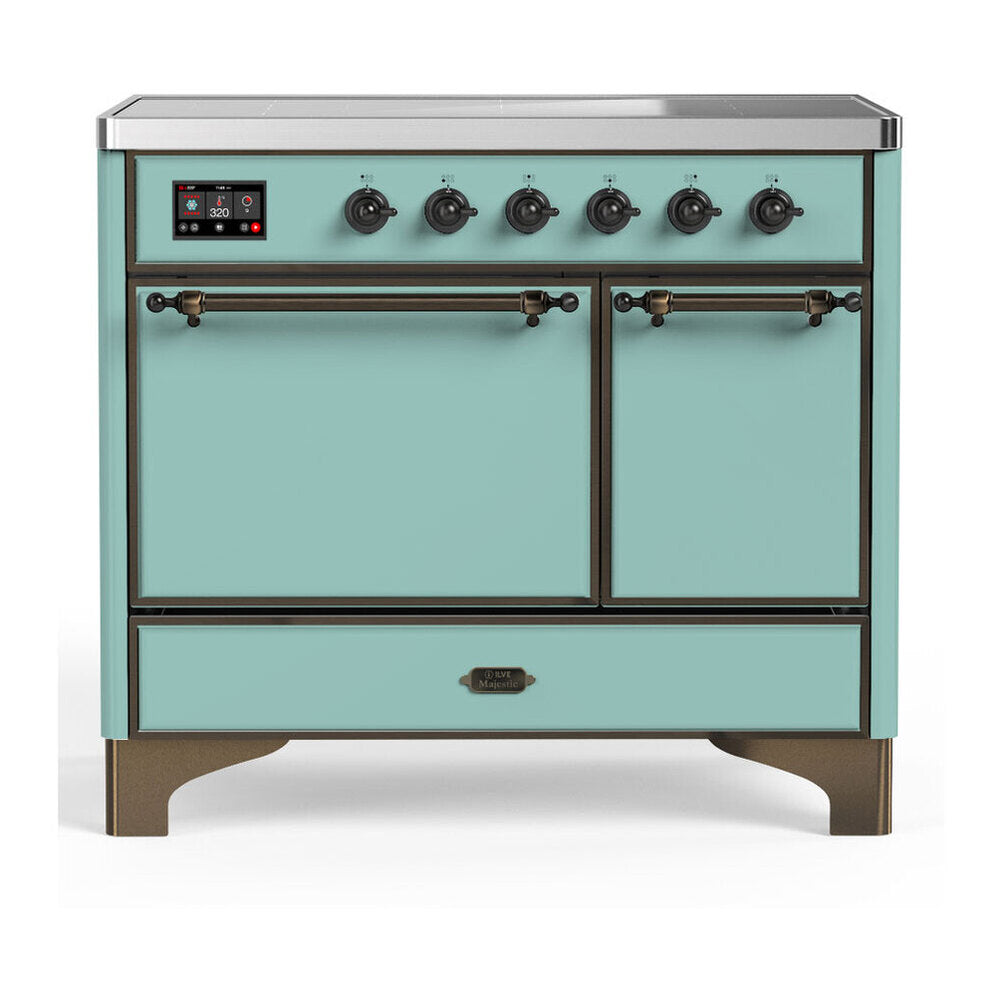 ILVE Majestic III 40-Inch Induction Range with 6 Induction Elements and Solid Door Electric Oven in Mediterranean Mint with Burnished Trim (UMDIB40QNR3MMB)