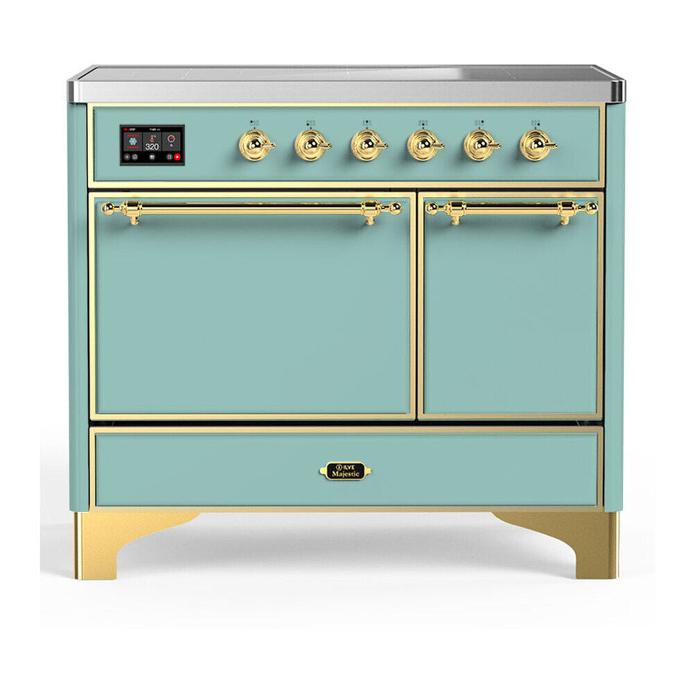 ILVE Majestic III 40-Inch Induction Range with 6 Induction Elements and Solid Door Electric Oven in Mediterranean Mint with Brass Trim (UMDIB40QNR3MMG)