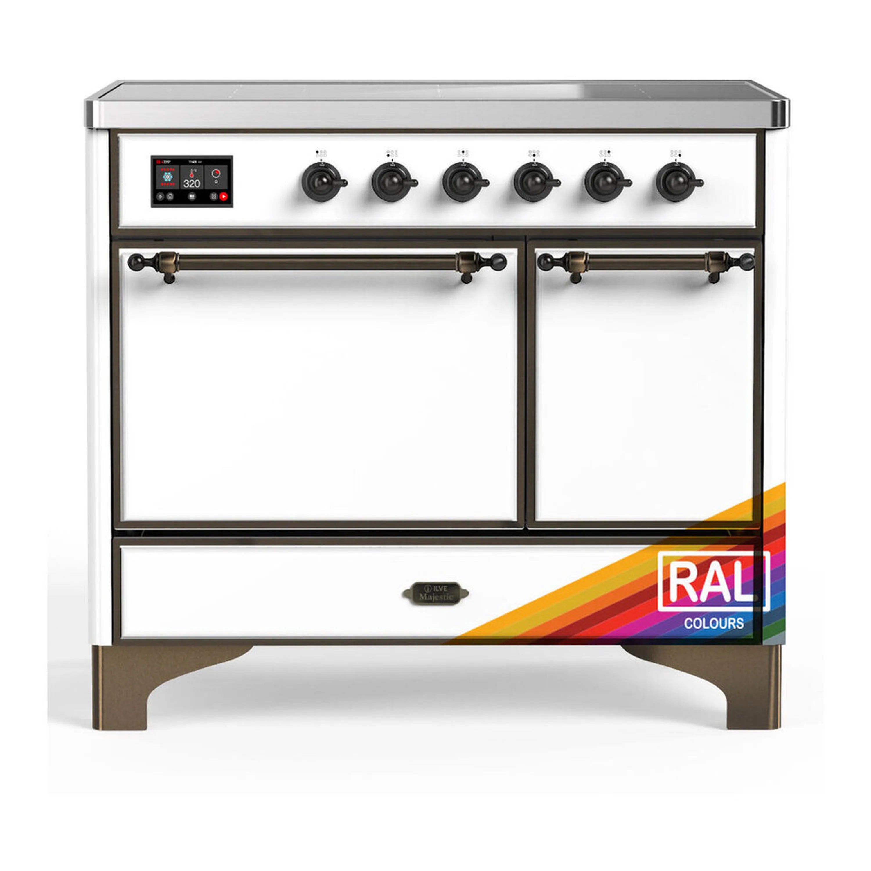 ILVE induction range with 6 induction burners and electric oven, white with brass knobs