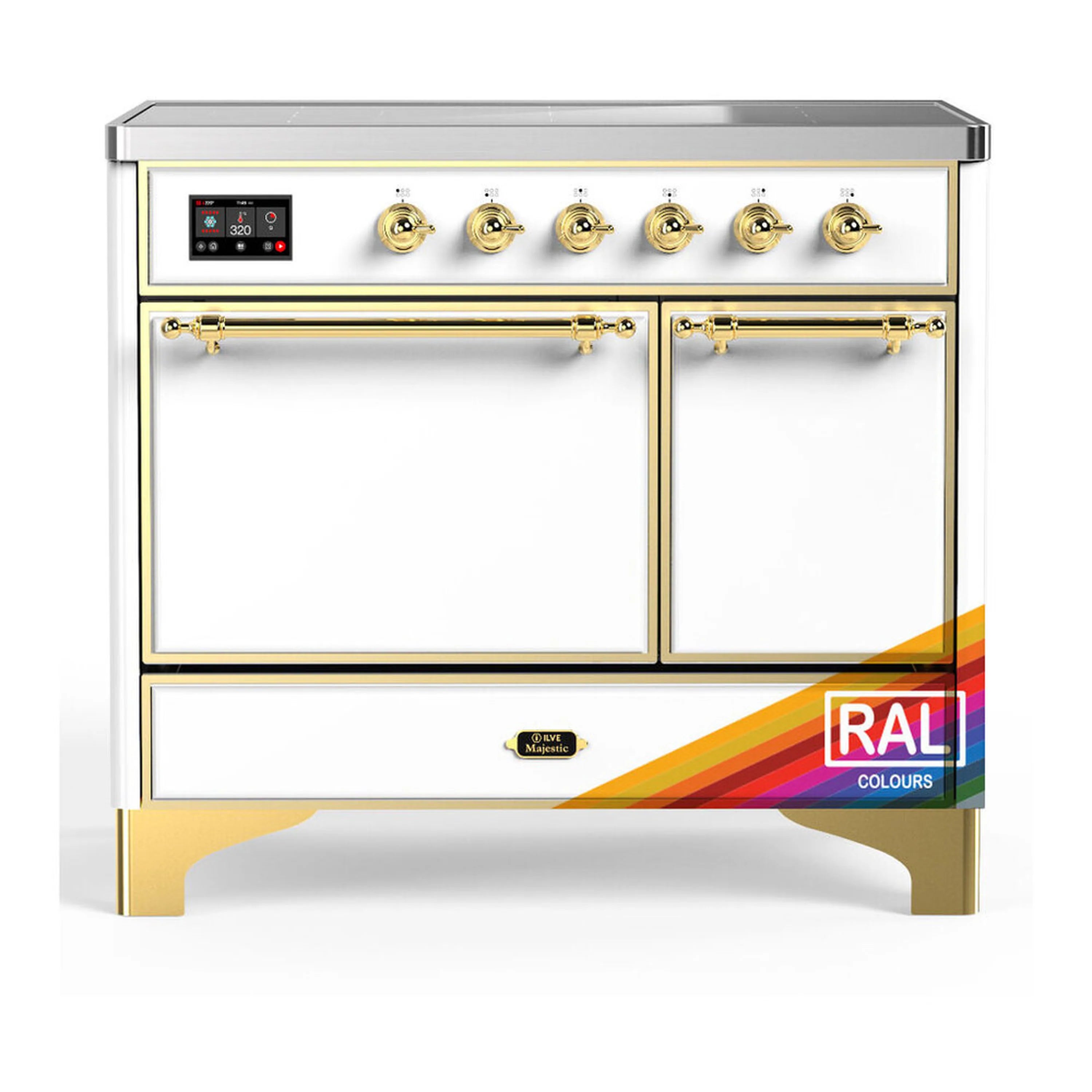 ILVE Majestic III 40-inch induction range with solid-door electric oven, brass trim, white front