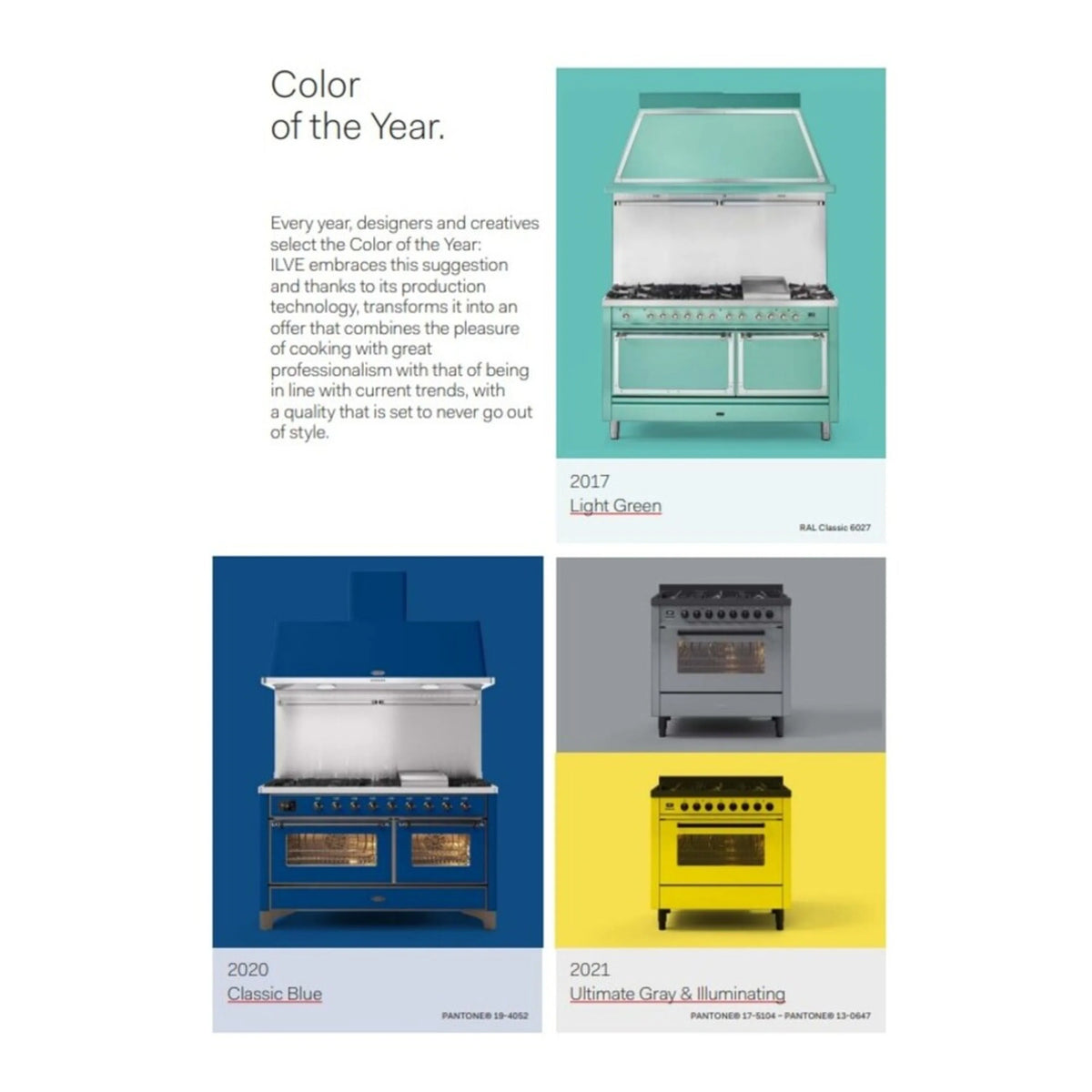 Color promo page showing ILVE ranges: Light Green, Classic Blue, Ultimate Gray examples
