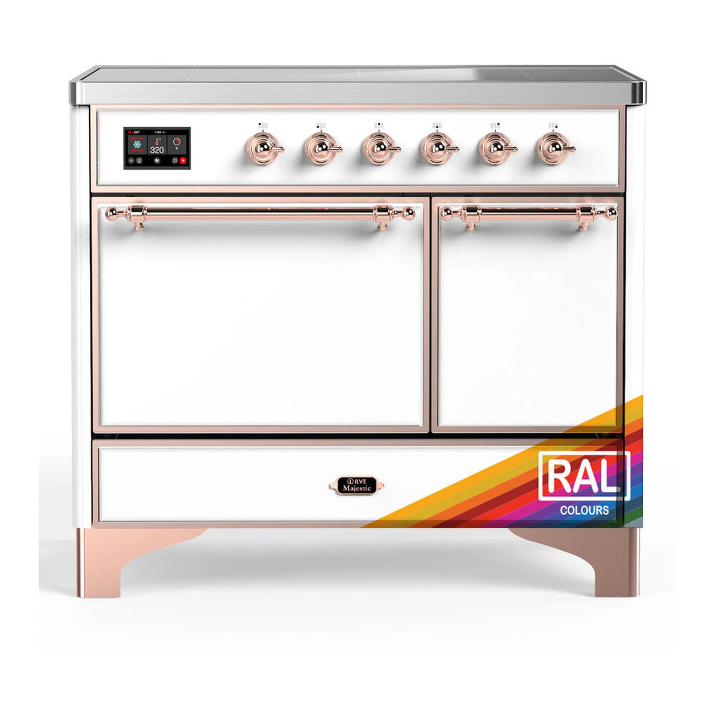 Induction range with solid door electric oven, white body and copper trim, 6 burners