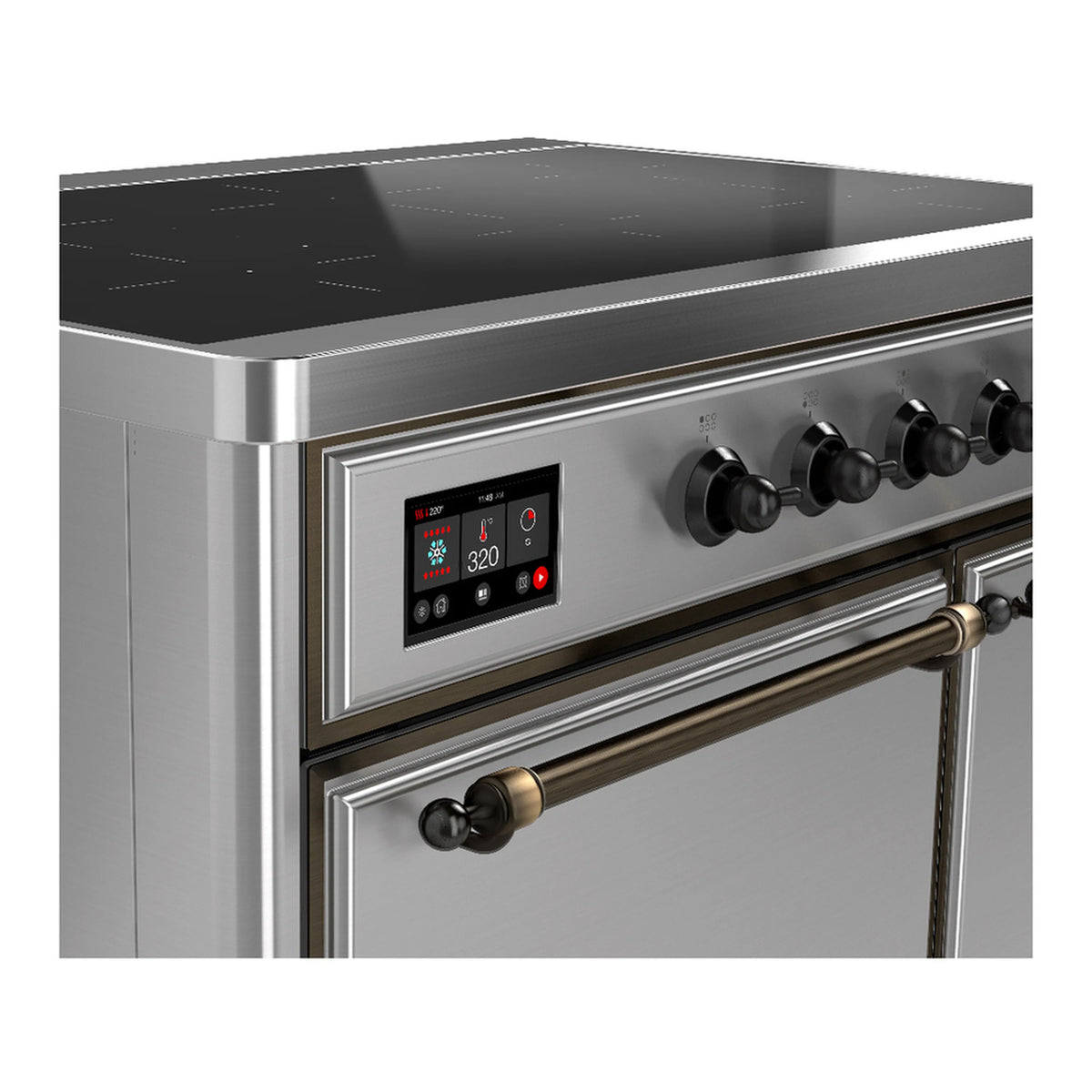 Stainless steel induction range control panel with digital display and burner knobs