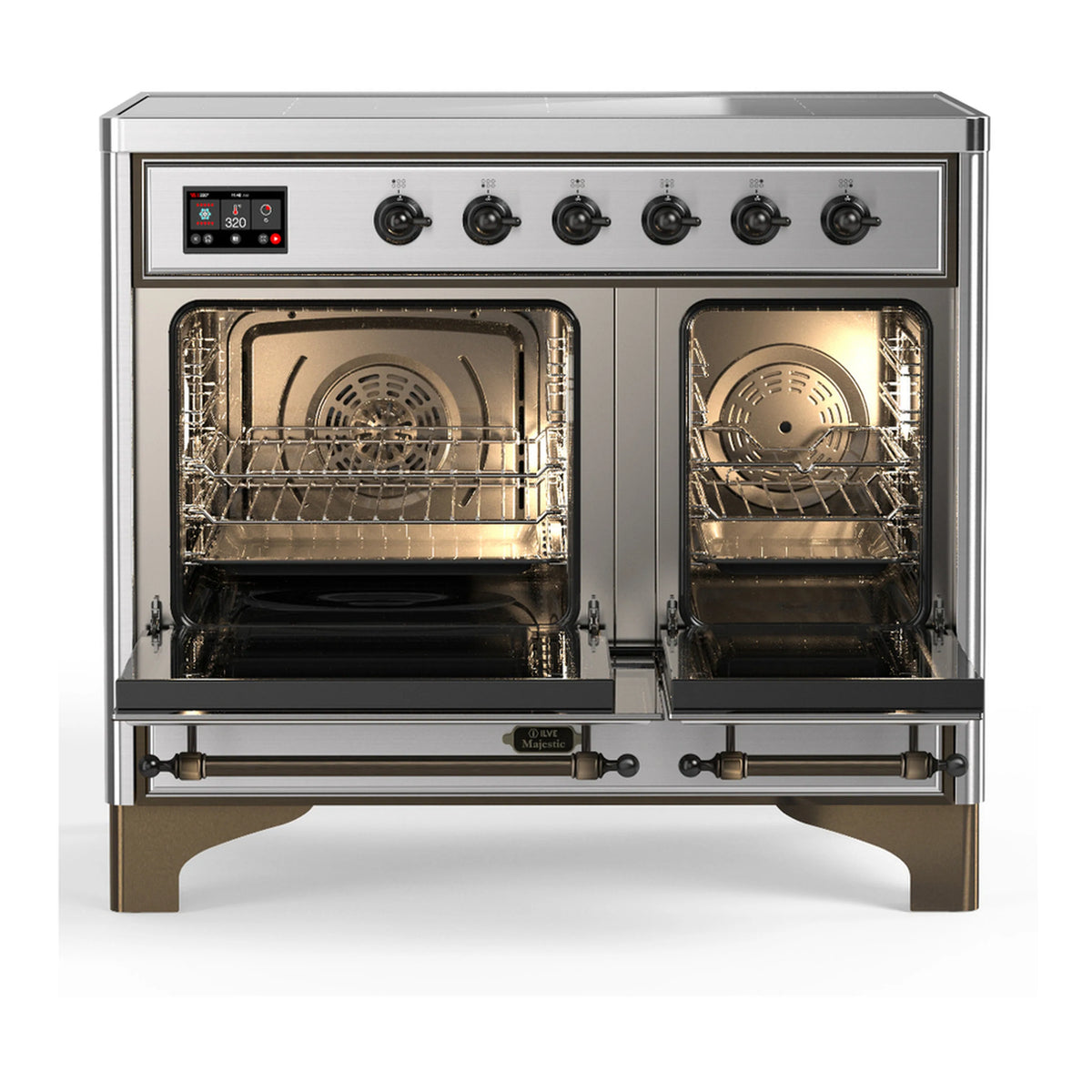 Stainless steel electric oven with two racks and interior lights, range top visible
