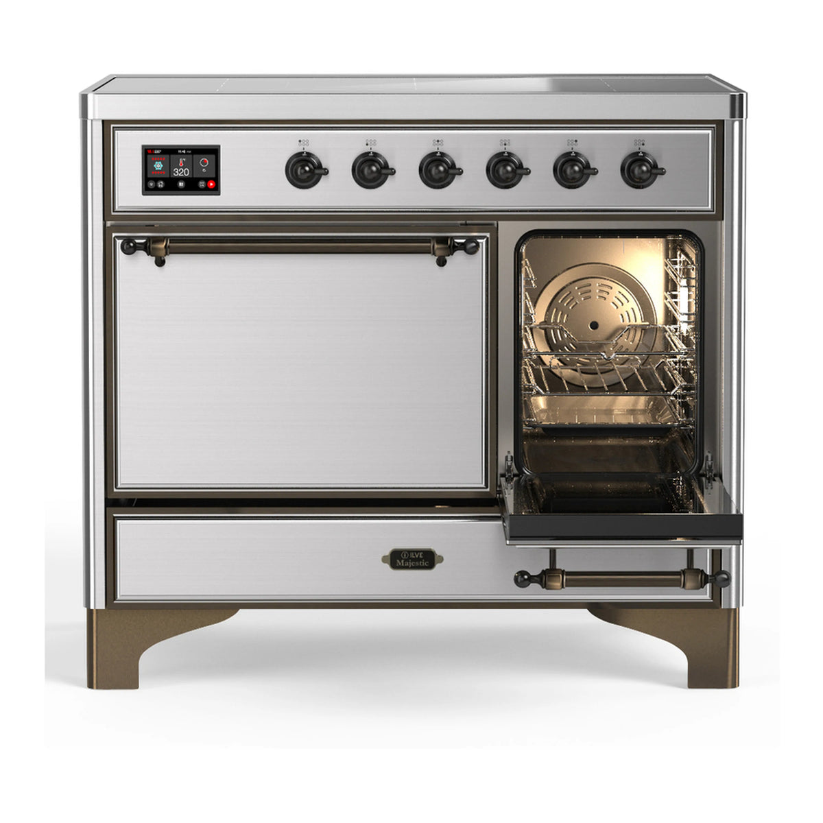 Stainless steel electric oven door open with lit cavity and rack, range controls on top