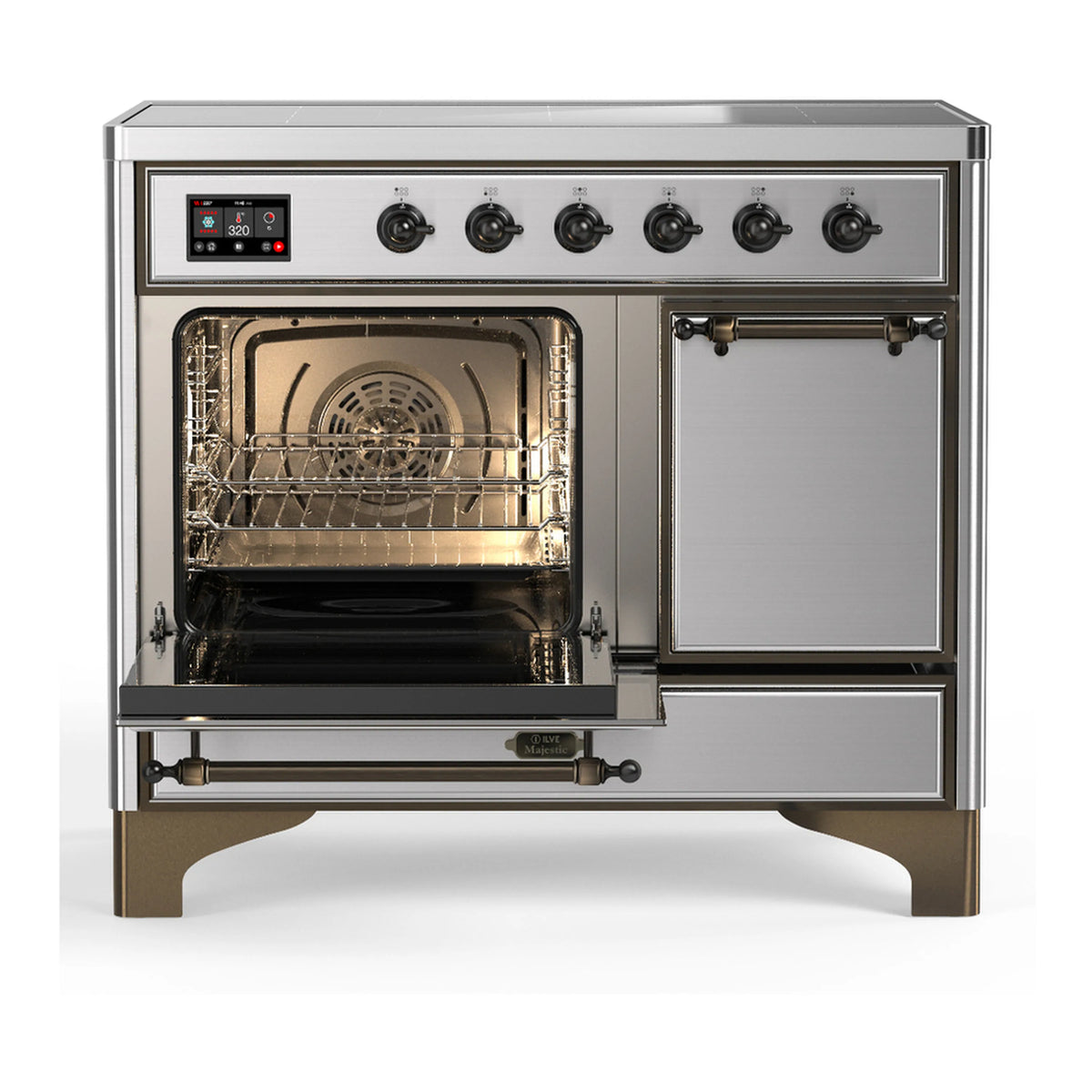 Stainless steel induction range with open oven and closed storage drawer, brass trim