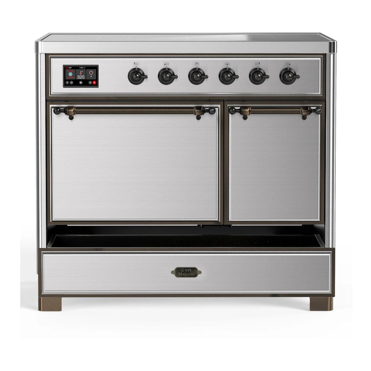Stainless steel induction range with closed oven door and open warming drawer, control panel