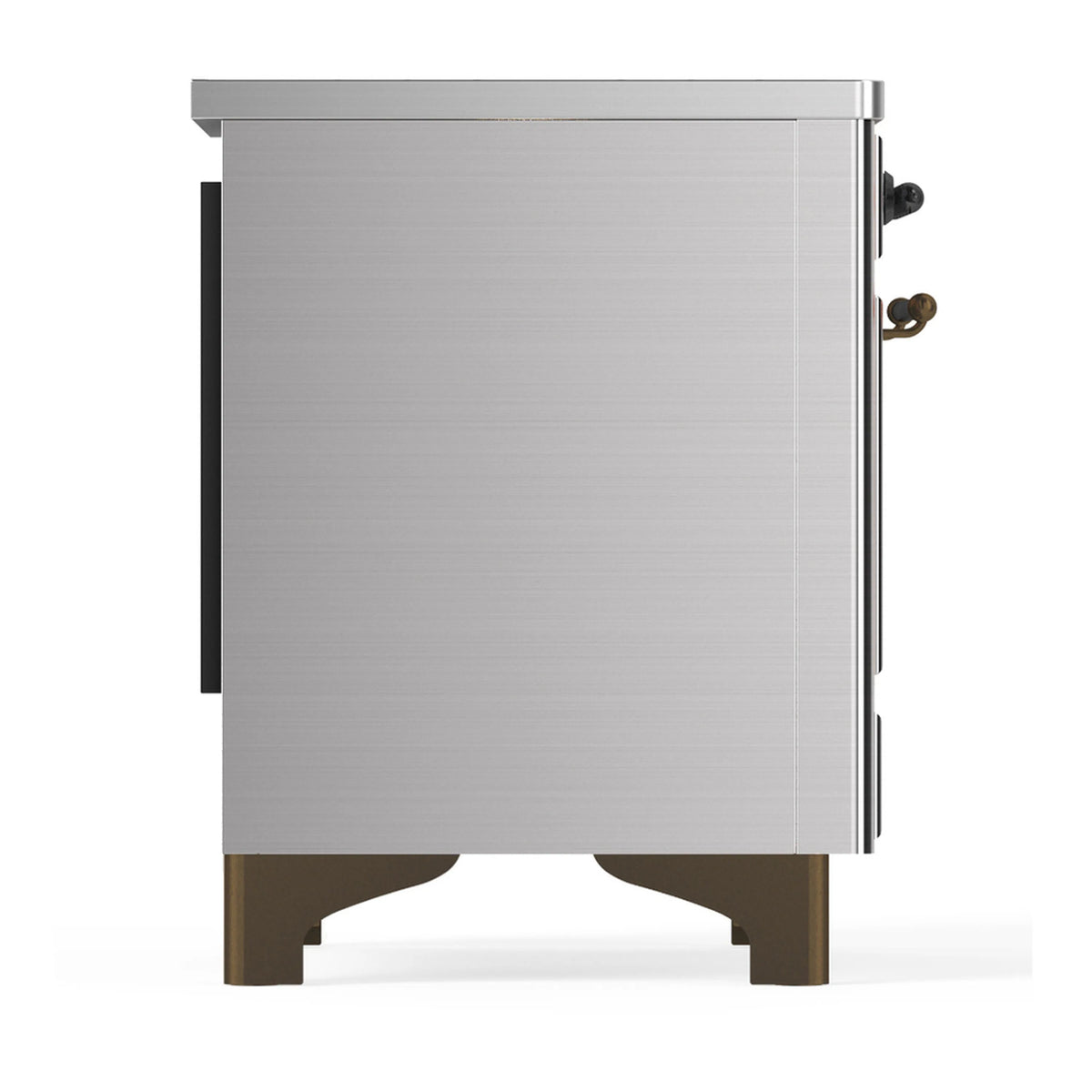 Stainless steel oven back panel with side knobs and brushed metal finish