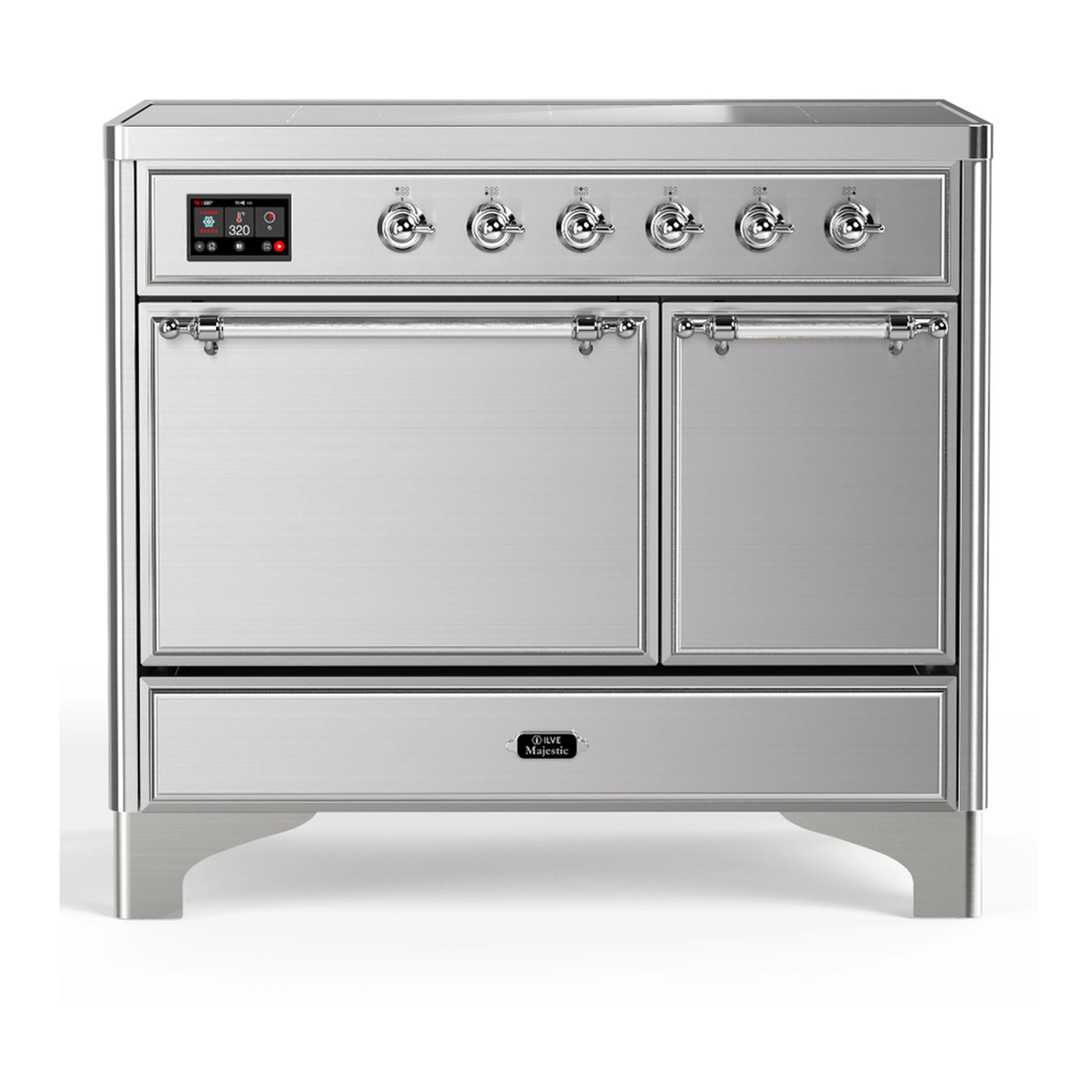 Stainless steel induction range with chrome trim, control panel, and two oven doors